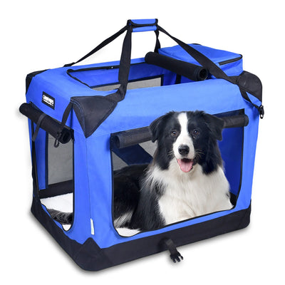 JESPET Soft Pet Crates Kennel, 3 Door Soft Sided Folding Travel Pet Carrier with Straps and Fleece Mat for Dogs, Cats, Rabbits, Indoor/Outdoor Use with Grey, Blue & Beige, Black - Your Pet Connection