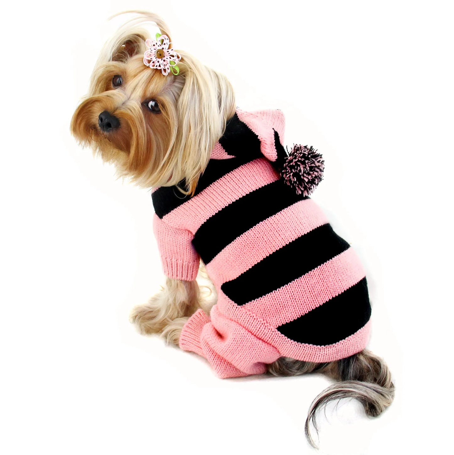 Stripy Bodysuit with Long Hoodie and Pompom - Your Pet Connection