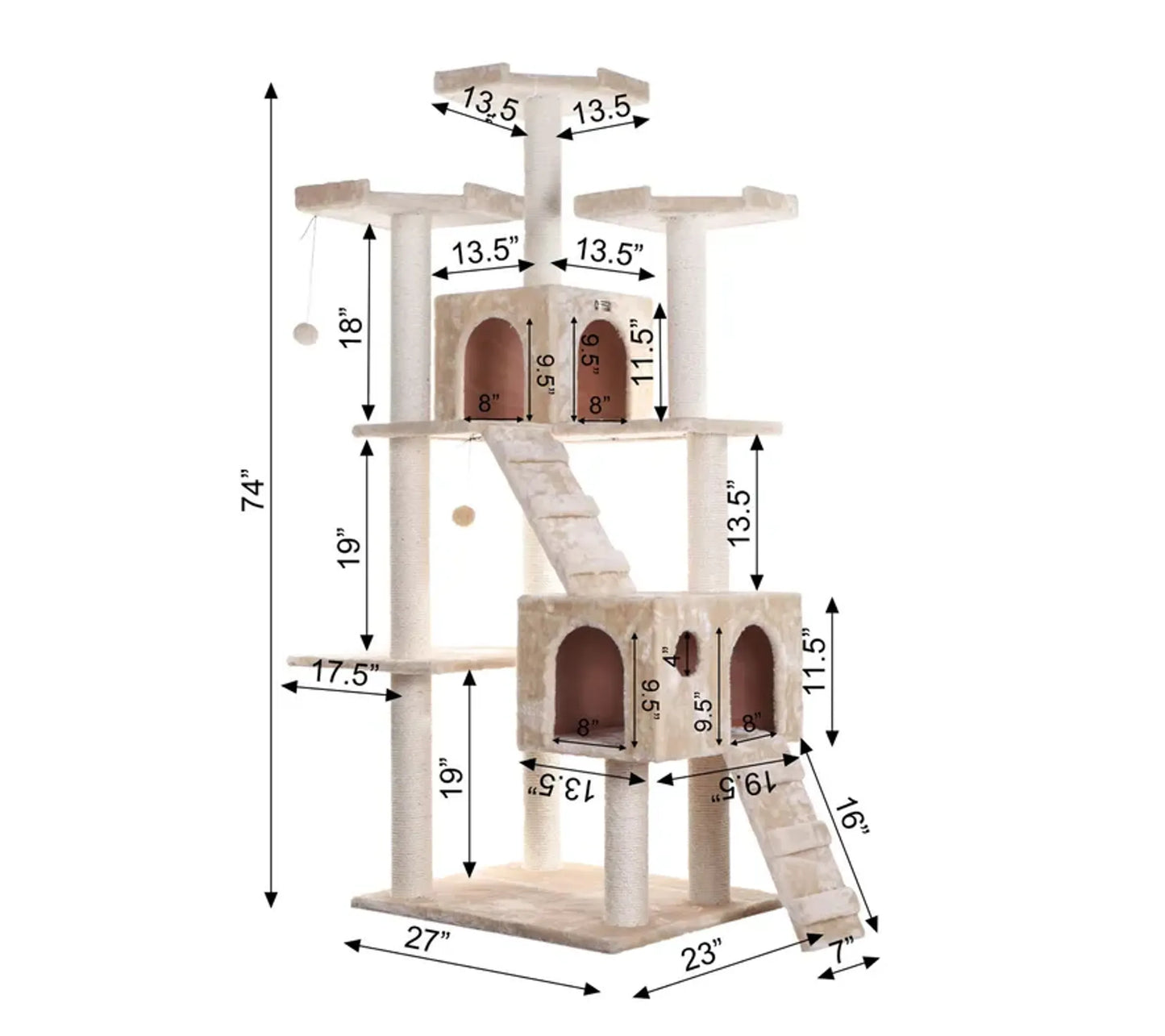Real Wood 74" Multi-Level Cat Tree Large Cat Play Furniture - Your Pet Connection