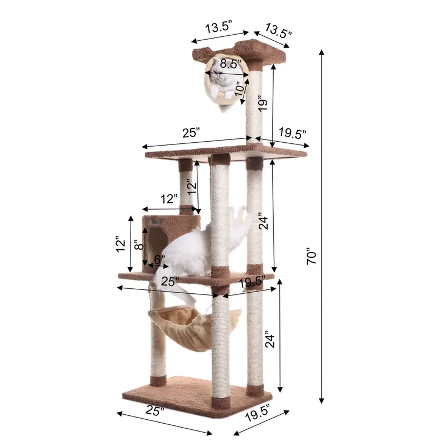 Real Wood 70" Cat tree With Scratch posts, Hammock for Cats - Your Pet Connection