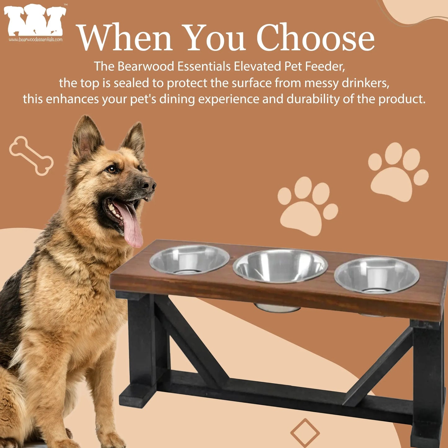Farmhouse 3-Bowl Elevated Dog Feeder Ebony Small, Black Base - Your Pet Connection