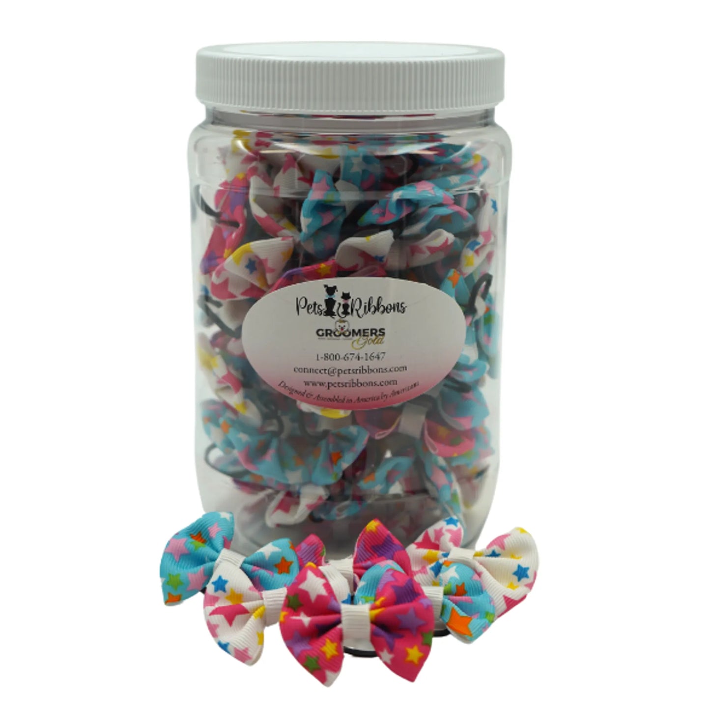 GG104 | 50-100 Groomer dog/ cat bows in a jar - Birthday Stars|Pets Ribbons - Your Pet Connection