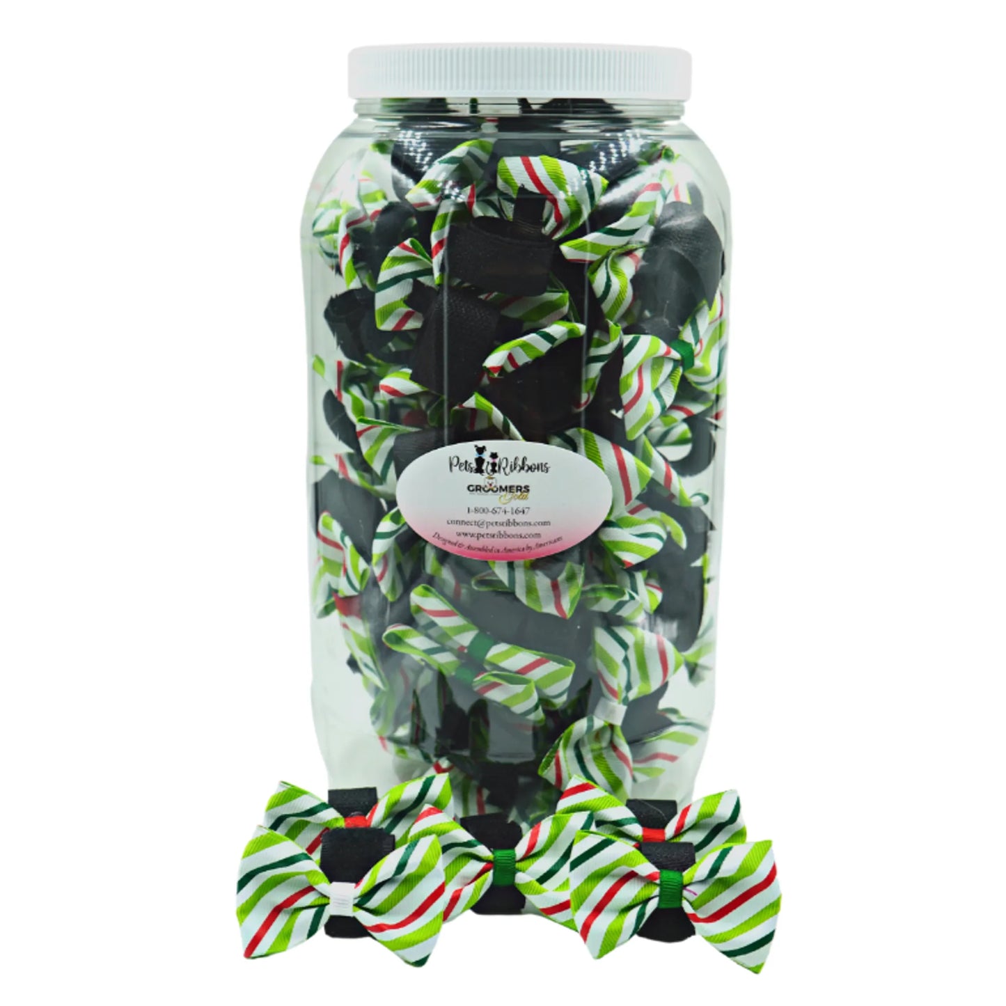 GG110CSV | 50-100 Dog Christmas candy stripe 2"bows on velcro|Pets Ribbons - Your Pet Connection