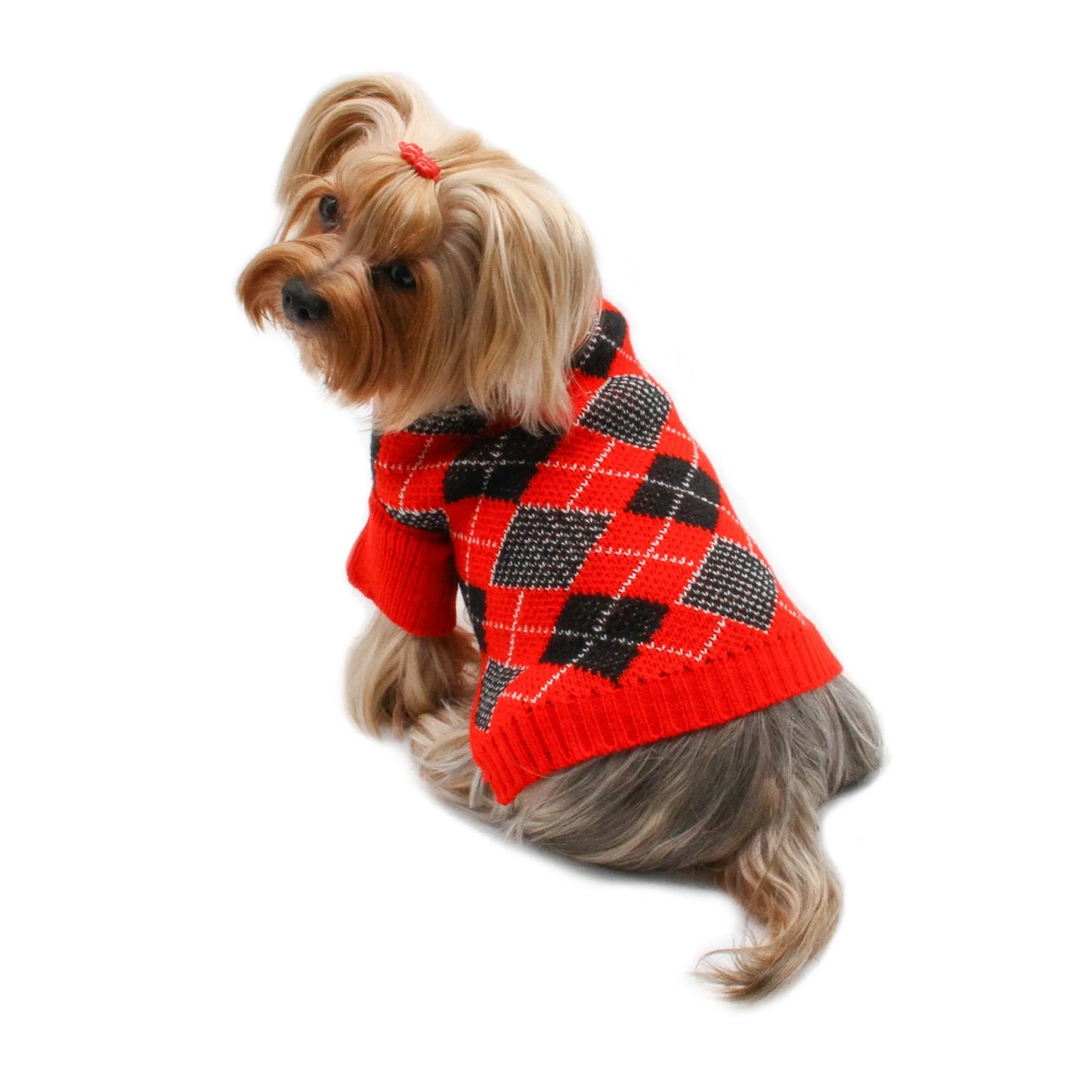 Argyle Turtleneck Sweater in Red/Black/White - Your Pet Connection