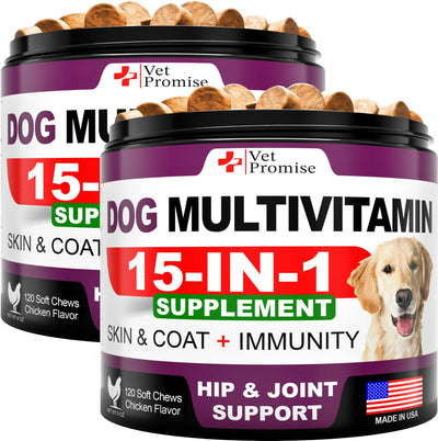 2 Pack Dog Multivitamin Chewable with Glucosamine 15-IN-1 Dog Vitamins and Supplements Senior & Puppy Multivitamin for Dogs Pet Joint Support Health I
