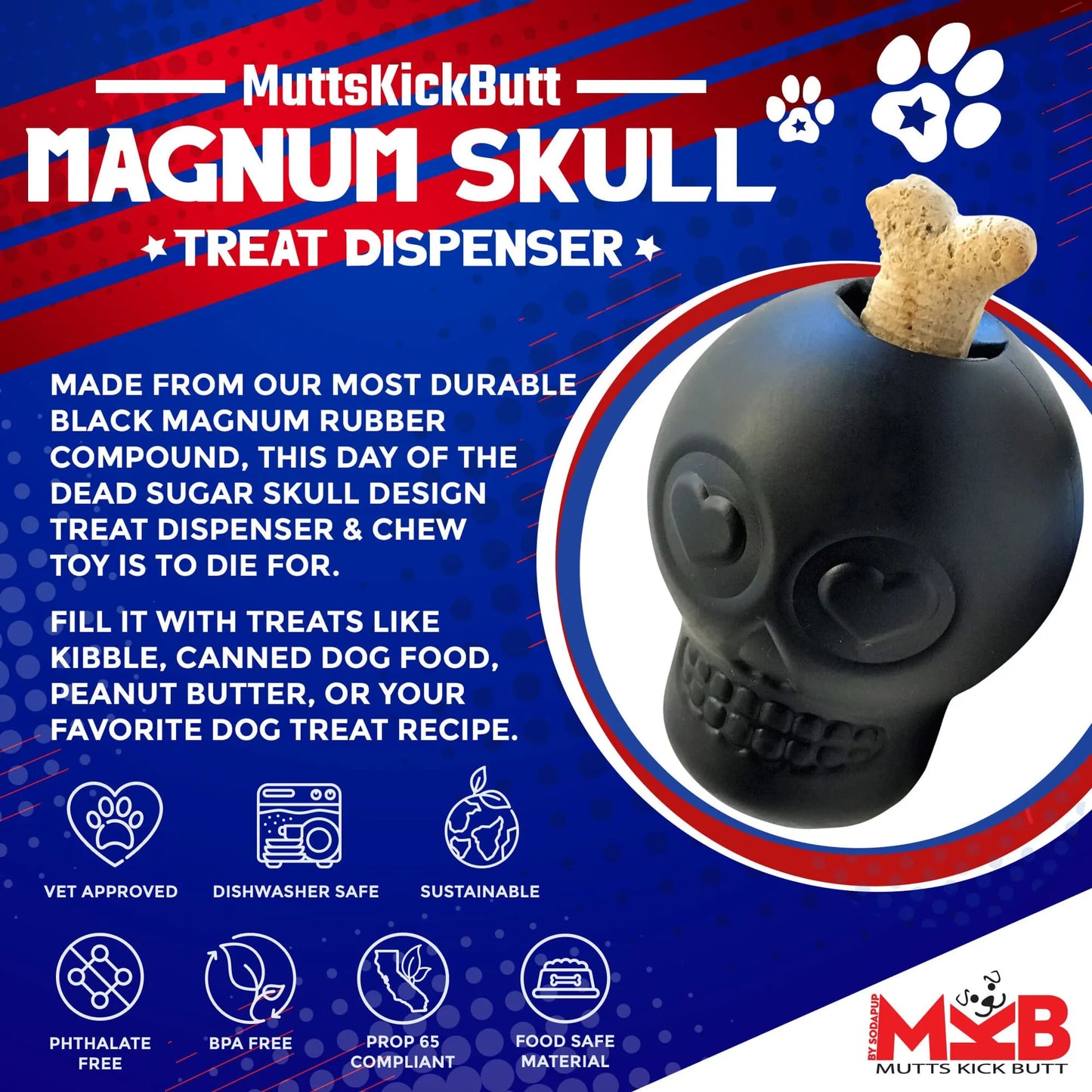 MKB Sugar Skull Durable Rubber Chew Toy & Treat Dispenser - Your Pet Connection