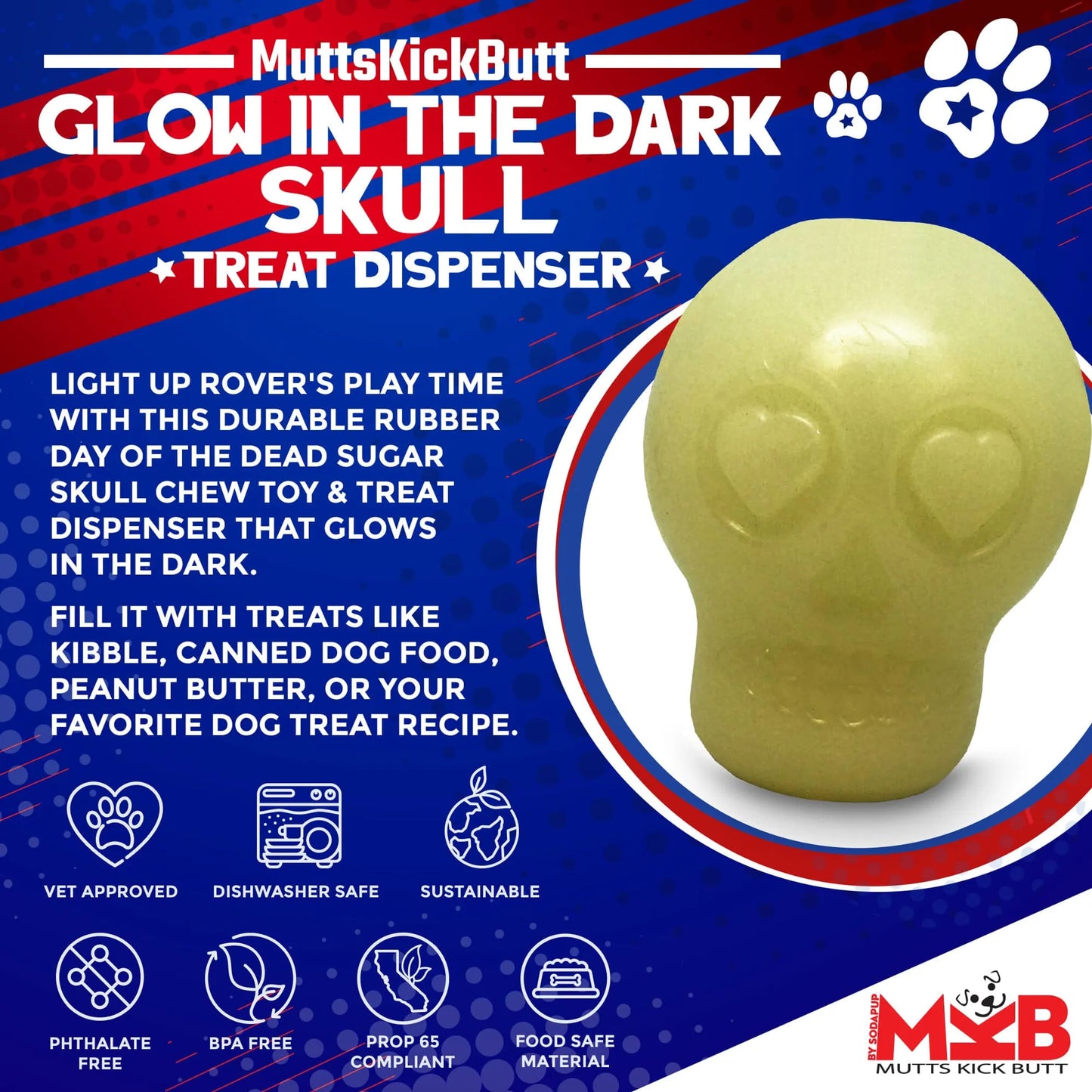 MKB Glow in the Dark Sugar Skull Chew Toy & Treat Dispenser - Your Pet Connection
