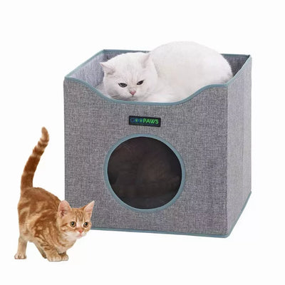 JESPET Foldable Cat Condo, Cat Cube House & Sleepping Bed with Lying Surface and 2 Reversible Cushions, Cat Hiding Place, Cat Cave, Linenette Fabric, Felt and Engineered Wood, Scratch Resista - Your Pet Connection