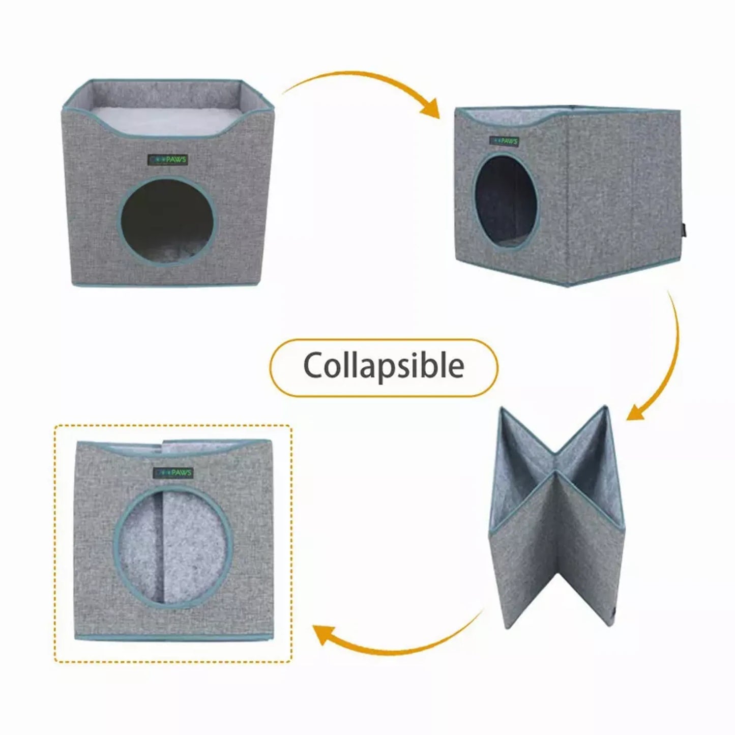JESPET Foldable Cat Condo, Cat Cube House & Sleepping Bed with Lying Surface and 2 Reversible Cushions, Cat Hiding Place, Cat Cave, Linenette Fabric, Felt and Engineered Wood, Scratch Resista - Your Pet Connection