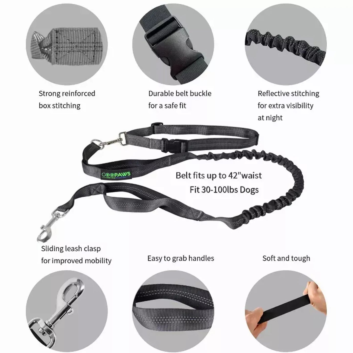 JESPET Hands Free Dog Leash for Running, Walking, Hiking Jogging for Medium & Large Dogs up to 150lbs, Durable Dual Handle Waist Leash with Reflective Bungee and Adjustable Waist - Your Pet Connection