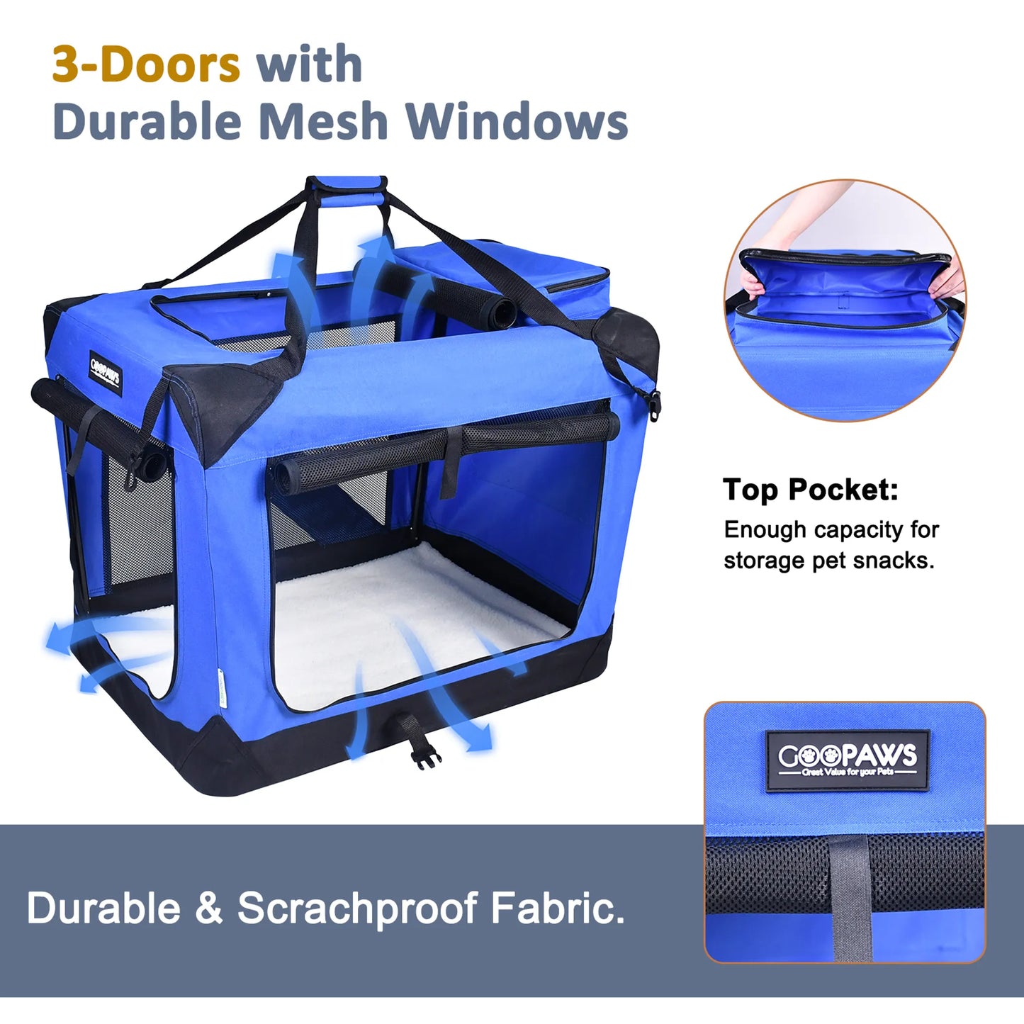 JESPET Soft Pet Crates Kennel, 3 Door Soft Sided Folding Travel Pet Carrier with Straps and Fleece Mat for Dogs, Cats, Rabbits, Indoor/Outdoor Use with Grey, Blue & Beige, Black - Your Pet Connection