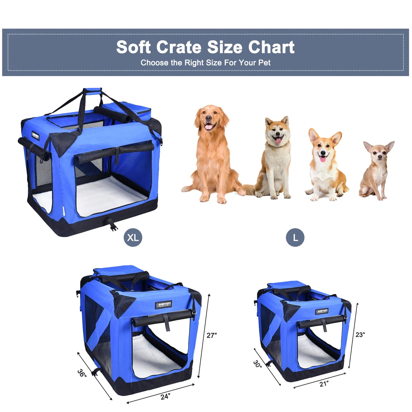 JESPET Soft Pet Crates Kennel, 3 Door Soft Sided Folding Travel Pet Carrier with Straps and Fleece Mat for Dogs, Cats, Rabbits, Indoor/Outdoor Use with Grey, Blue & Beige, Black - Your Pet Connection