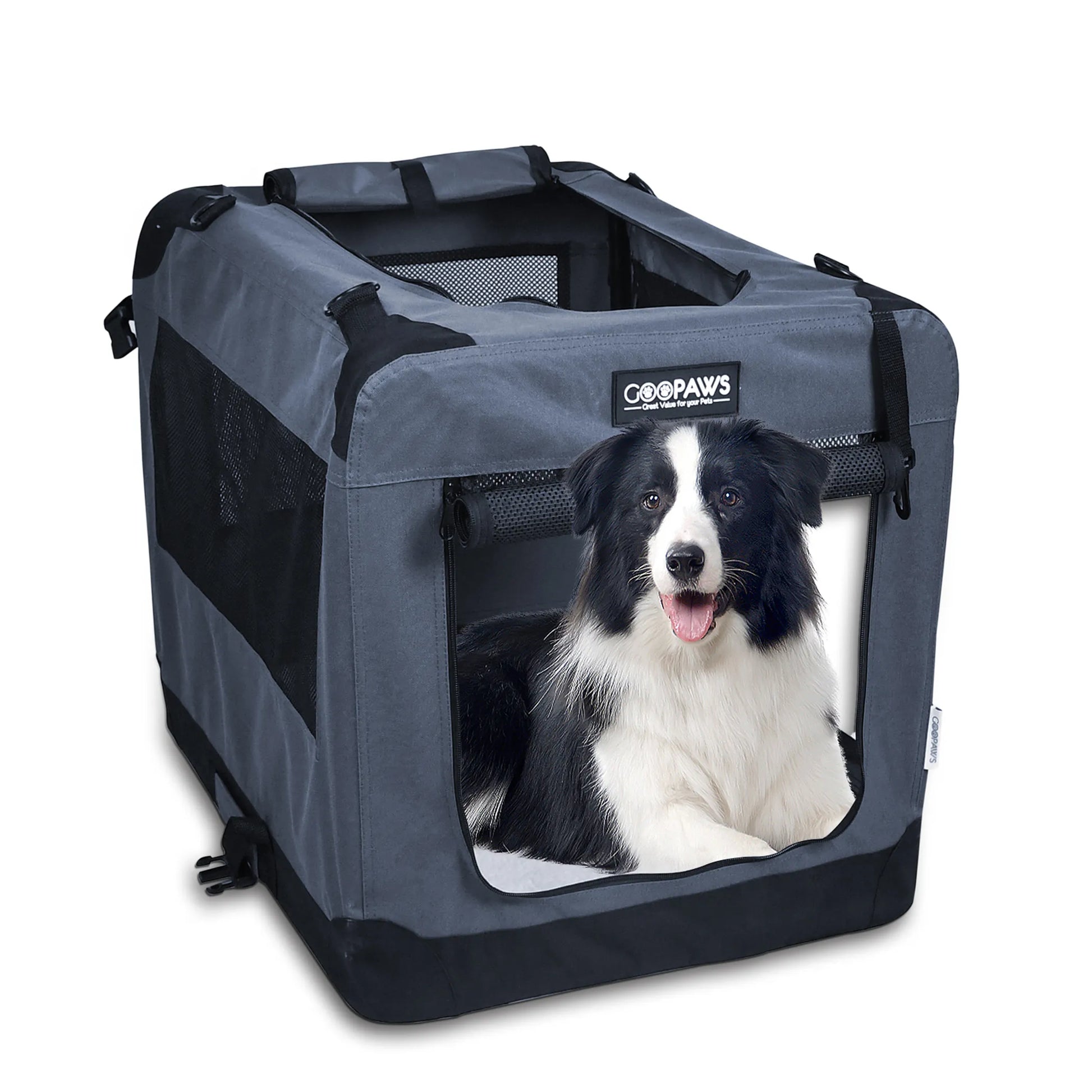 JESPET Soft Pet Crates Kennel, 3 Door Soft Sided Folding Travel Pet Carrier with Straps and Fleece Mat for Dogs, Cats, Rabbits, Indoor/Outdoor Use with Grey, Blue & Beige, Black - Your Pet Connection