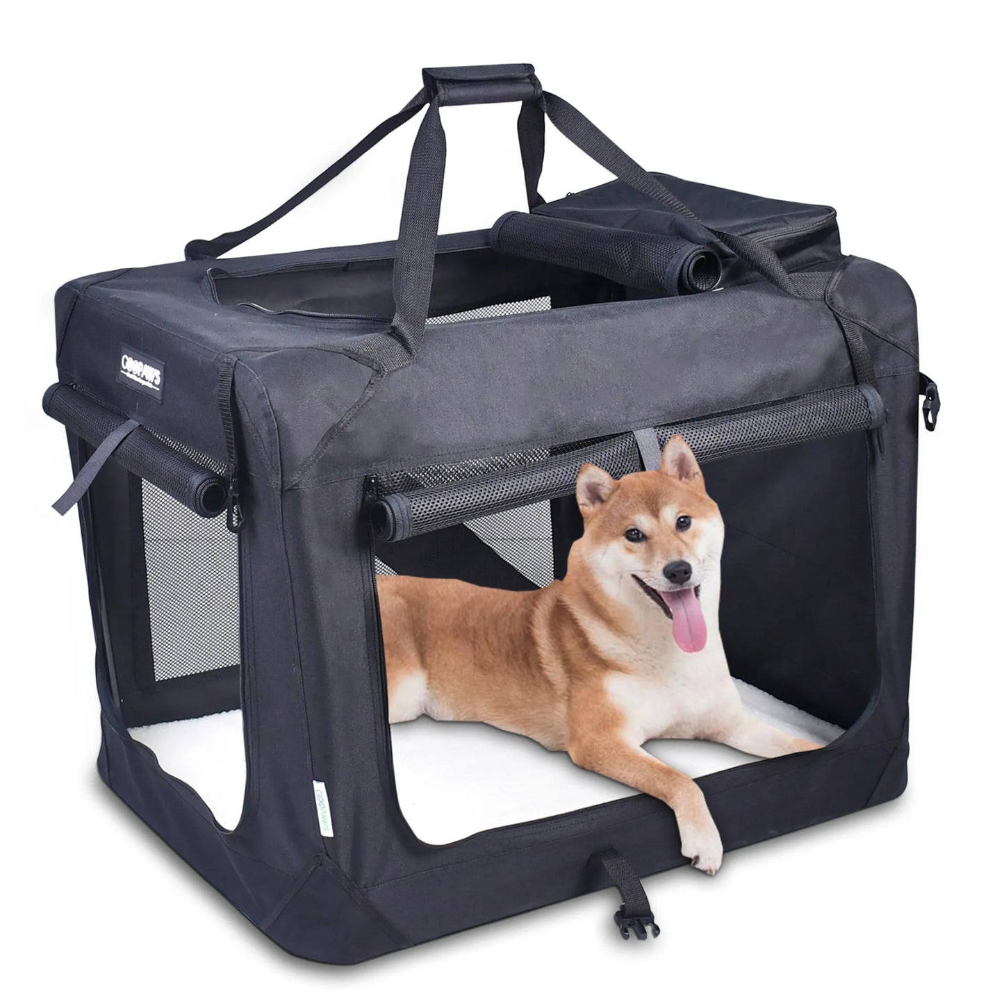 JESPET Soft Pet Crates Kennel, 3 Door Soft Sided Folding Travel Pet Carrier with Straps and Fleece Mat for Dogs, Cats, Rabbits, Indoor/Outdoor Use with Grey, Blue & Beige, Black - Your Pet Connection