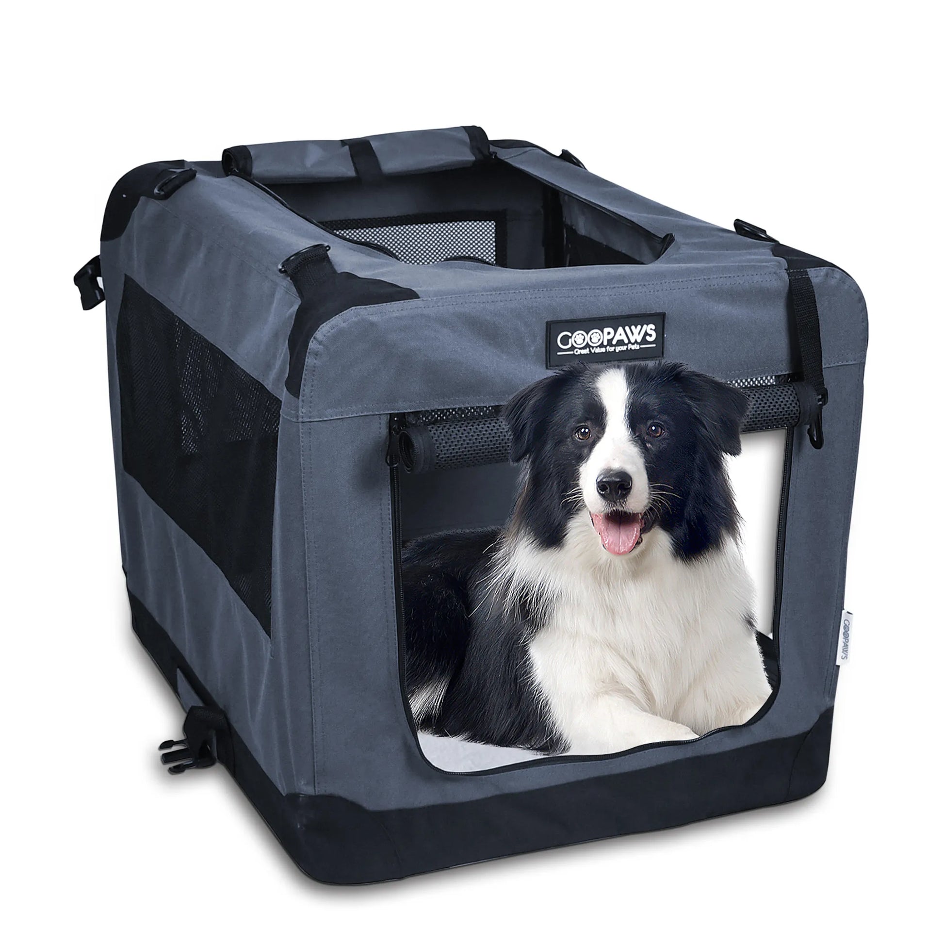 JESPET Soft Pet Crates Kennel, 3 Door Soft Sided Folding Travel Pet Carrier with Straps and Fleece Mat for Dogs, Cats, Rabbits, Indoor/Outdoor Use with Grey, Blue & Beige, Black - Your Pet Connection