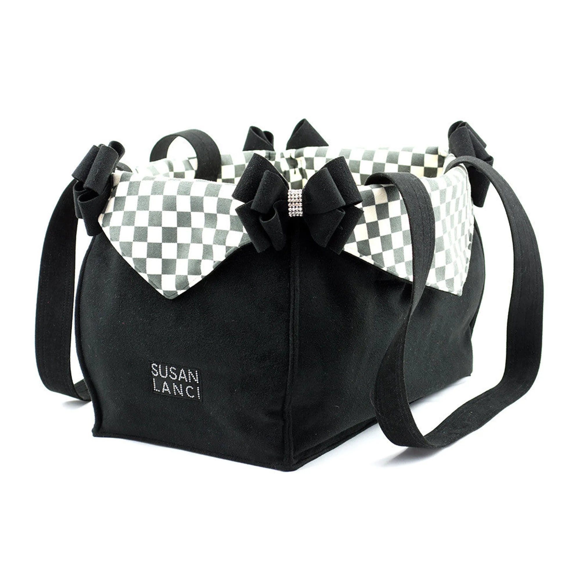 Susan Lanci Designs Black Double Nouveau Bow Luxury Carrier with Windsor Check Flaps - Your Pet Connection