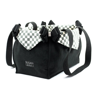 Susan Lanci Designs Black Double Nouveau Bow Luxury Carrier with Windsor Check Flaps - Your Pet Connection