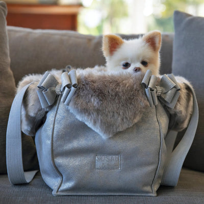 Susan Lanci Designs Platinum Glitzerati Double Nouveau Bow Luxury Carrier with Fur Trim - Your Pet Connection