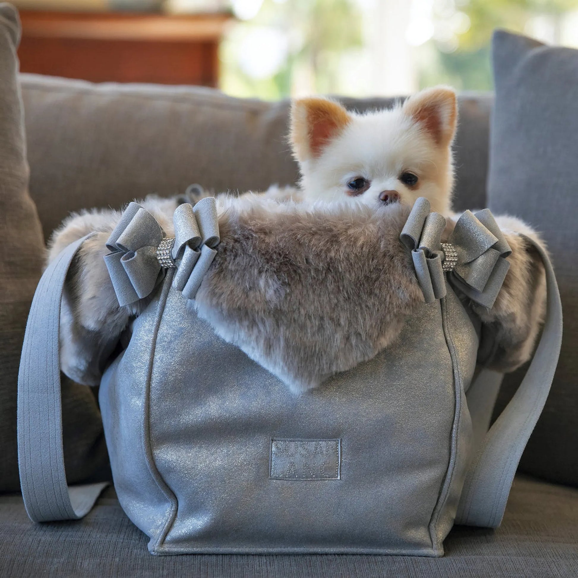 Susan Lanci Designs Platinum Glitzerati Double Nouveau Bow Luxury Carrier with Fur Trim - Your Pet Connection
