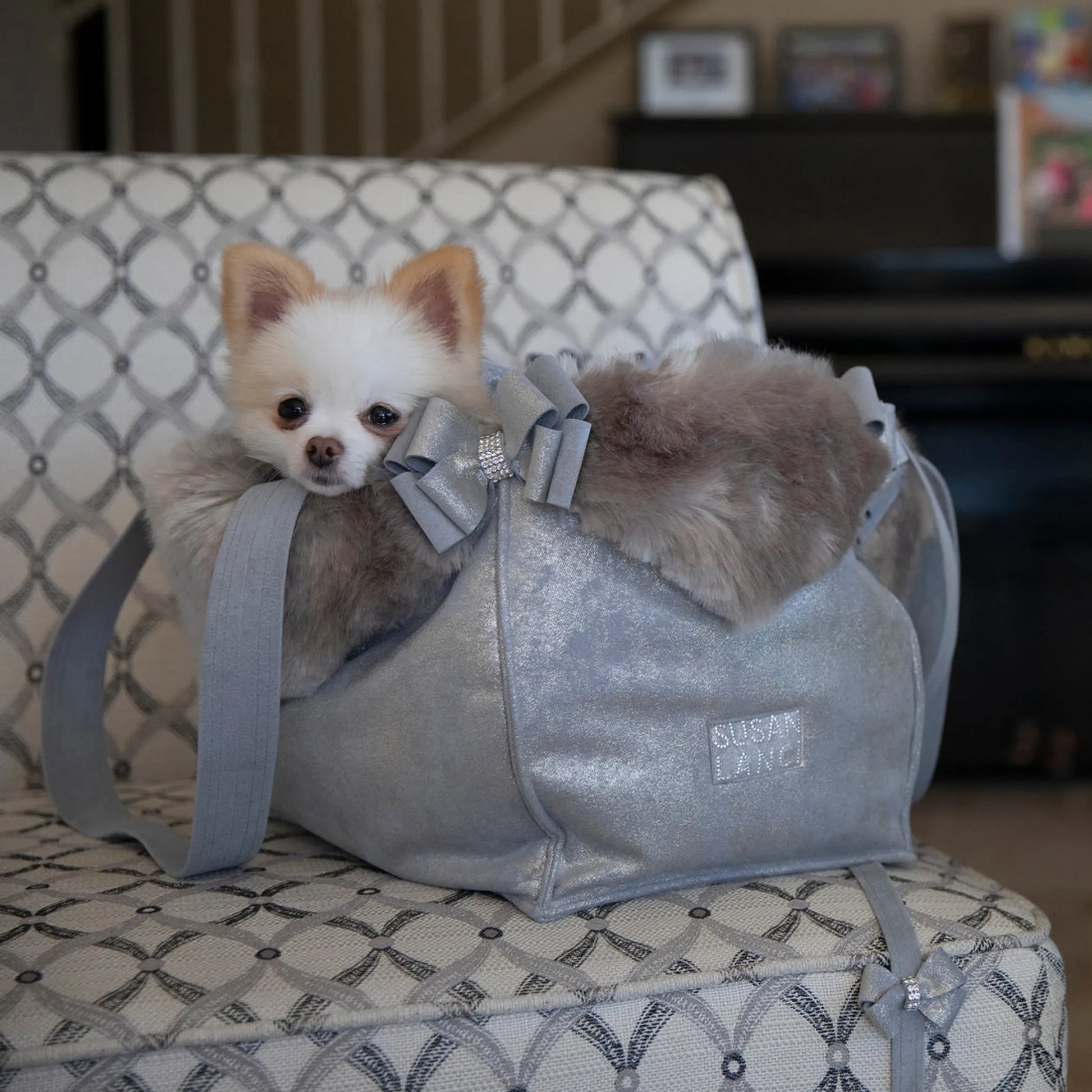 Susan Lanci Designs Platinum Glitzerati Double Nouveau Bow Luxury Carrier with Fur Trim - Your Pet Connection