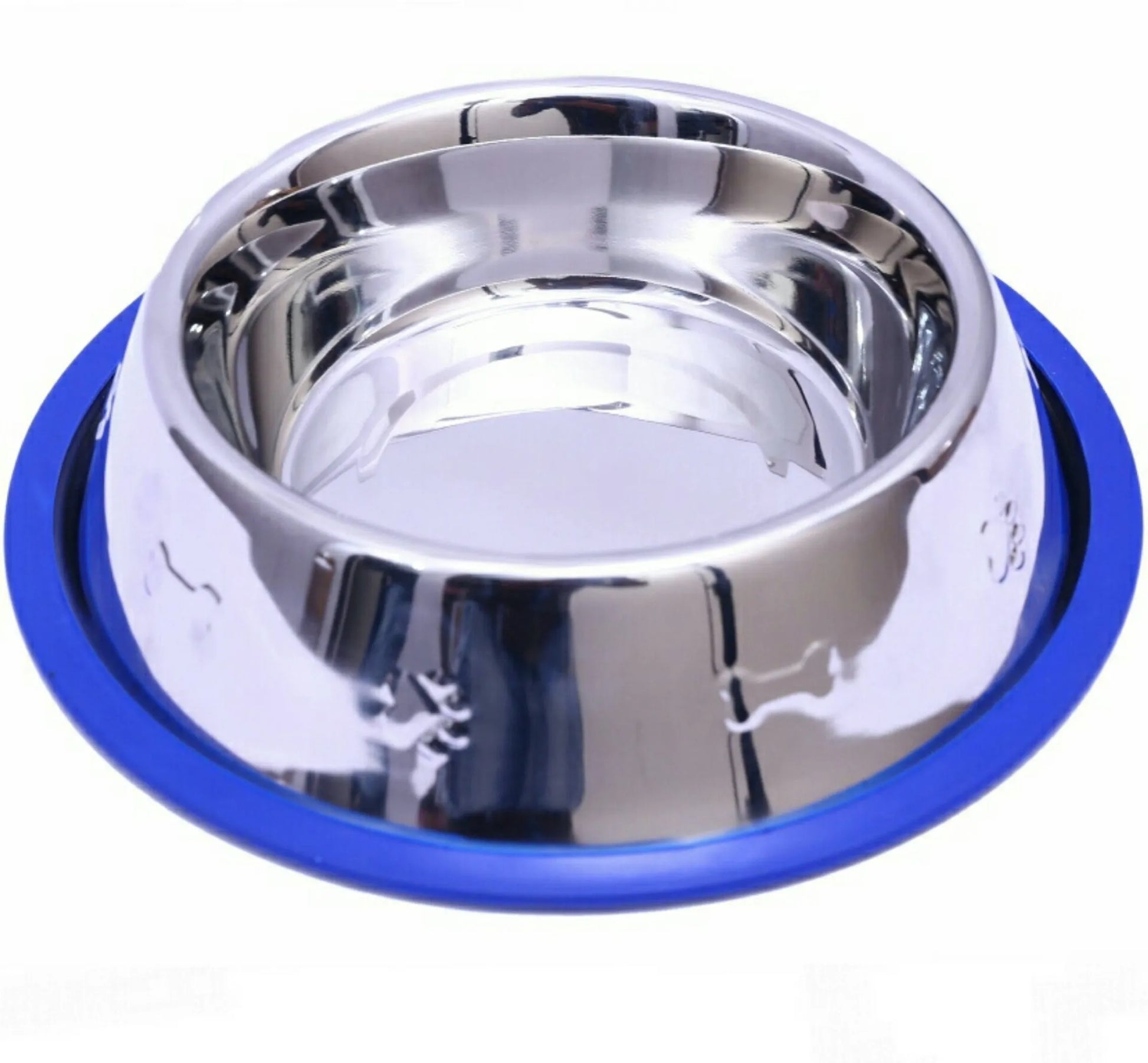 Etched Stainless Steel Dog Bowls with Blue Silicone Base - Your Pet Connection