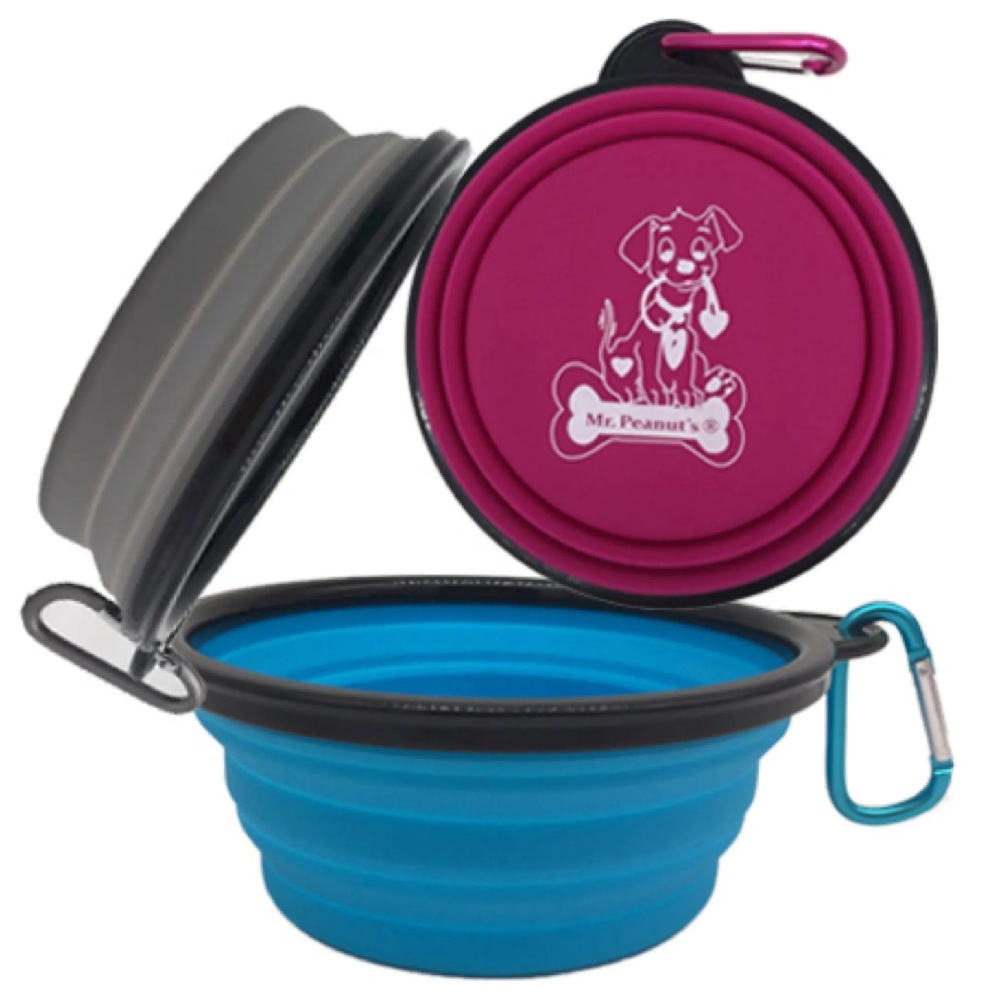 Mr. Peanut's Collapsible Silicone Bowls with Color Matched Carabiner Clips - Your Pet Connection