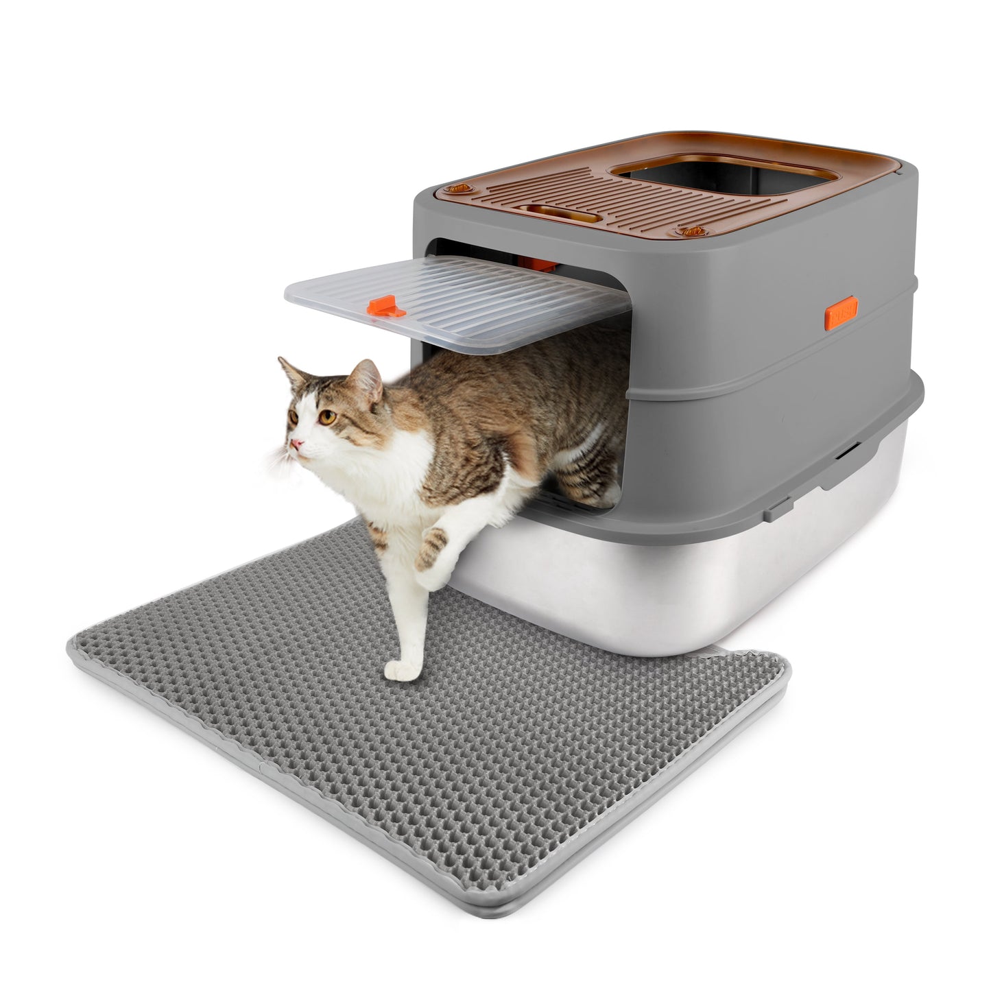 Go Fresh - Cat Litter Box - 2 Entries Hooded Cat Litter Box With Stainless Steel Base