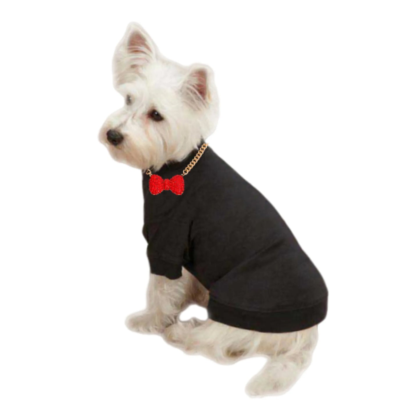 Bark Fifth Avenue Gold Chain Dog Necklace Red Bow