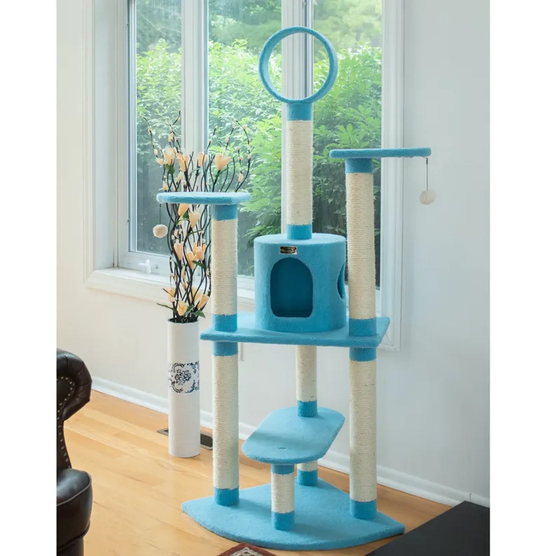 Real Wood 65-Inch Classic Cat Tree In Sky Blue 5-Level Condo - Your Pet Connection