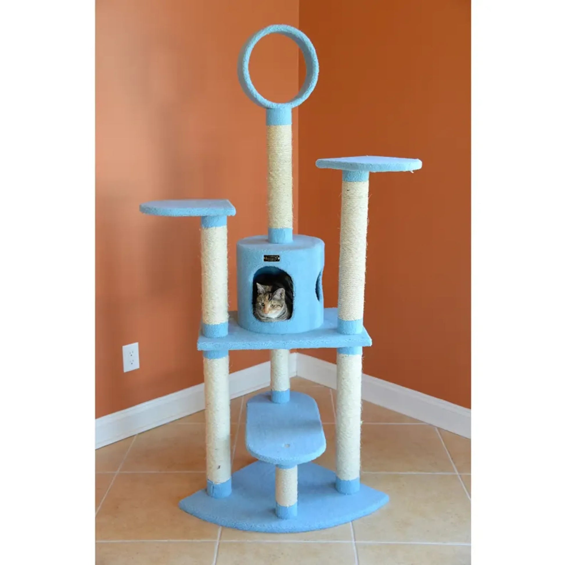 Real Wood 65-Inch Classic Cat Tree In Sky Blue 5-Level Condo - Your Pet Connection