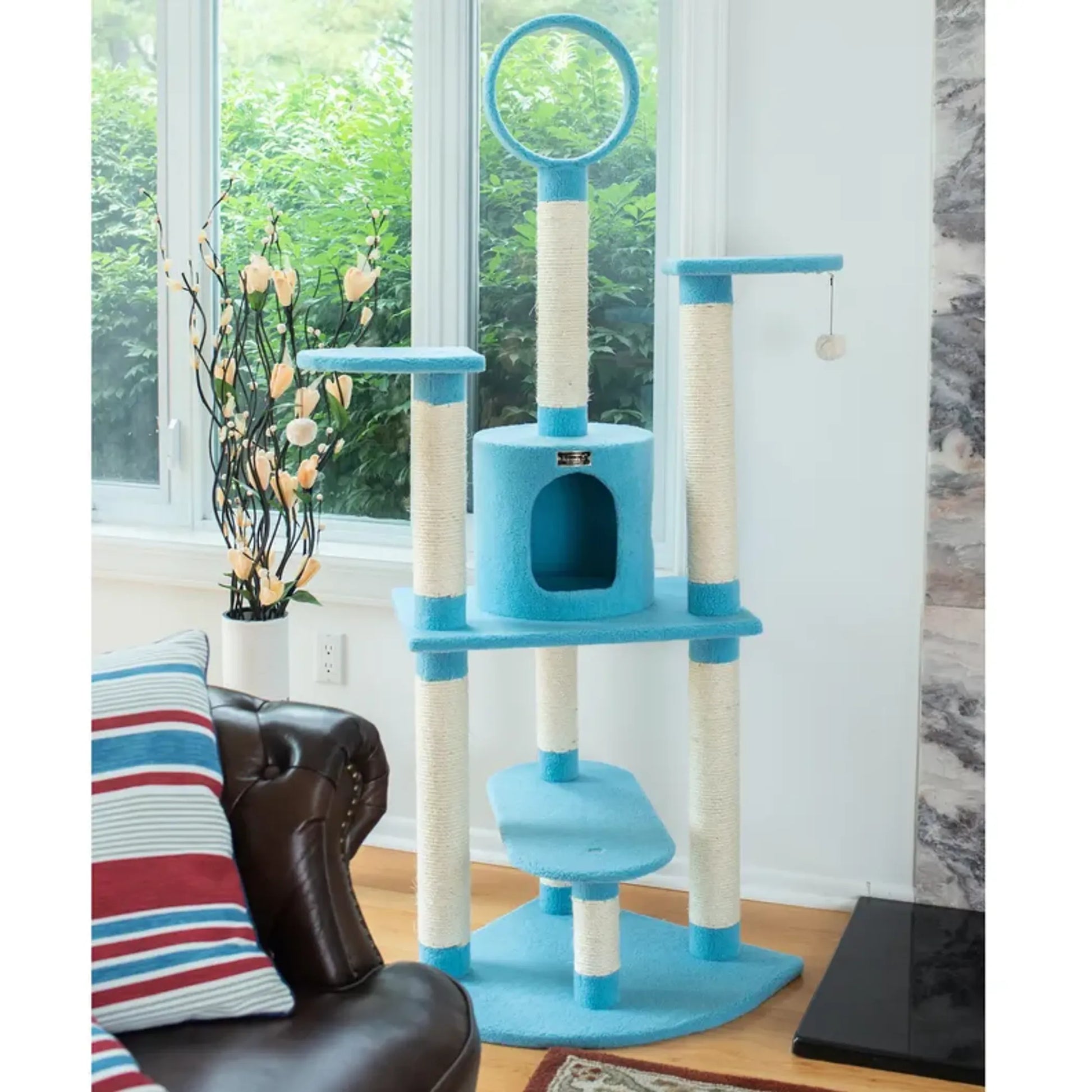 Real Wood 65-Inch Classic Cat Tree In Sky Blue 5-Level Condo - Your Pet Connection
