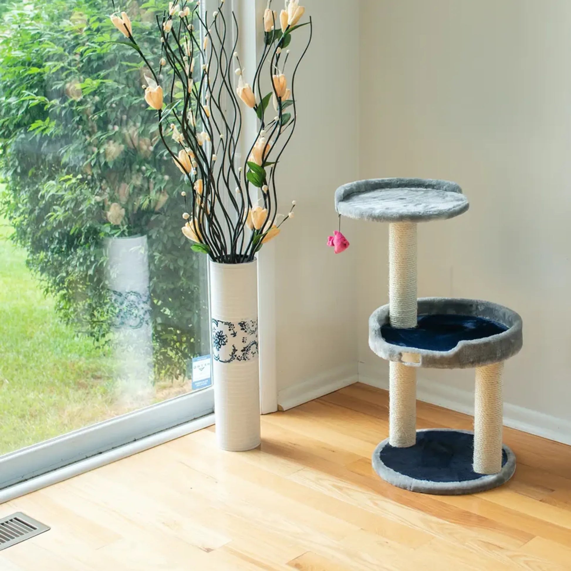 3 Level Real Wood Cat scratcher, x2905, Gray W Plush Perch - Your Pet Connection