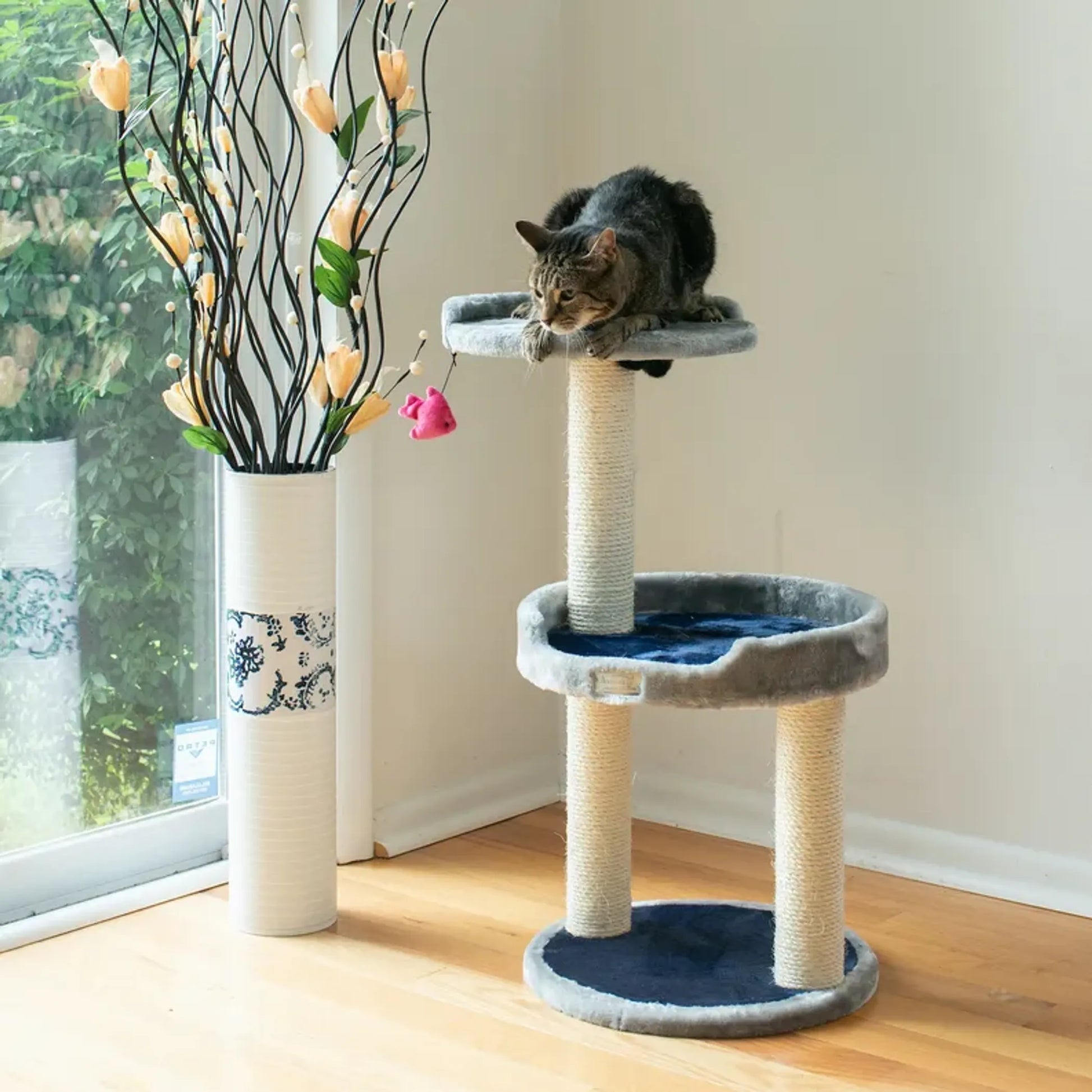 3 Level Real Wood Cat scratcher, x2905, Gray W Plush Perch - Your Pet Connection