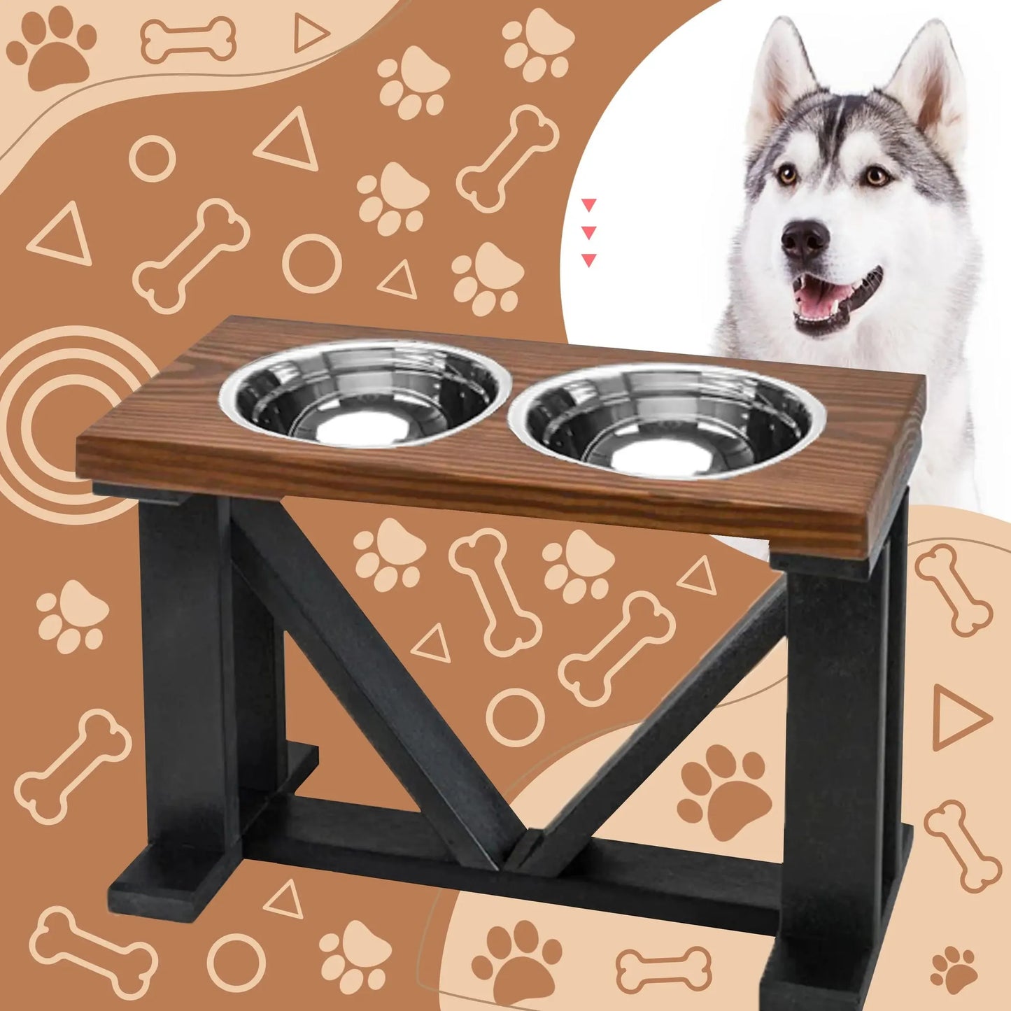 Farmhouse 2-Bowl Elevated Dog Feeder Chestnut Medium, Black Base - Your Pet Connection