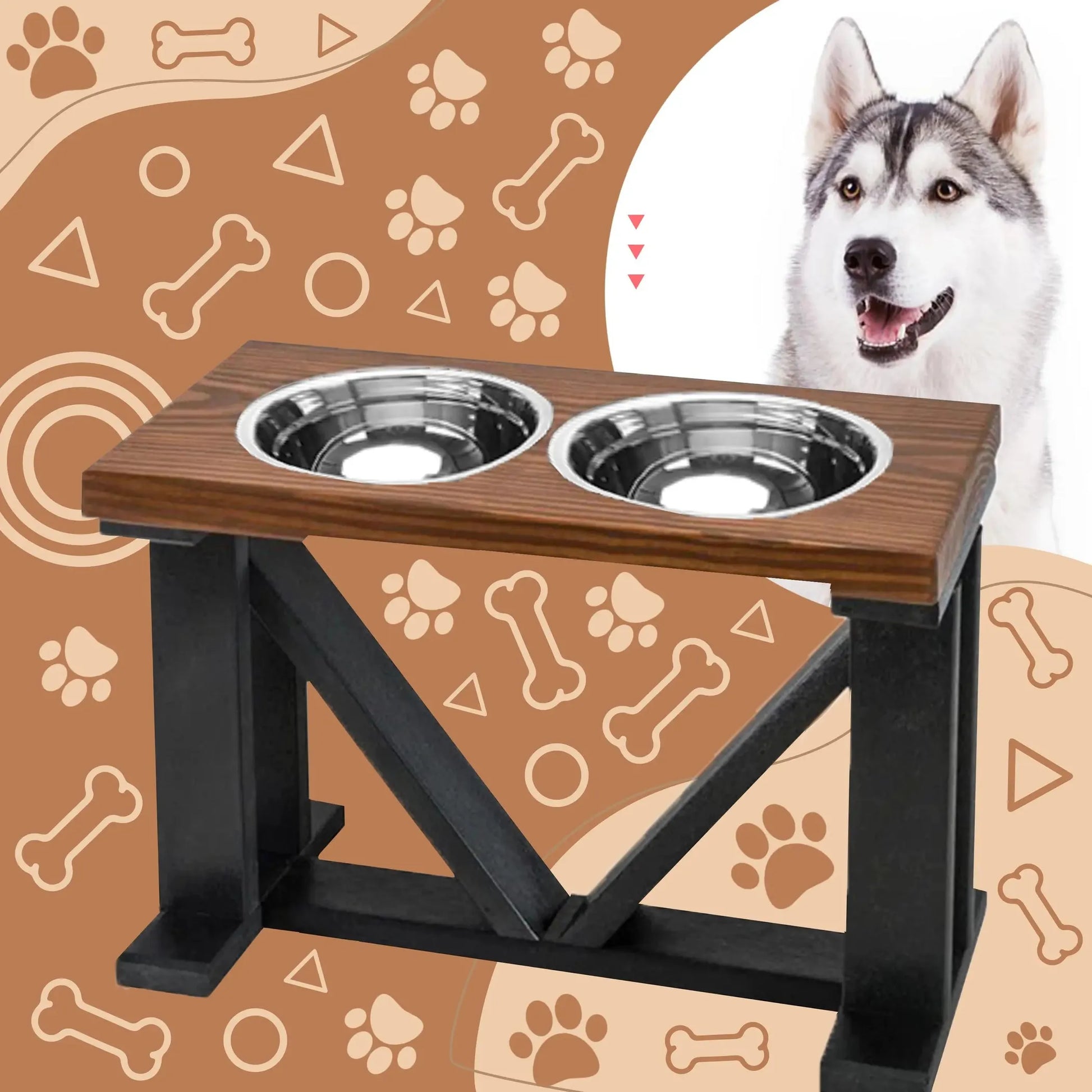 Farmhouse 2-Bowl Elevated Dog Feeder Chestnut Medium, Black Base - Your Pet Connection
