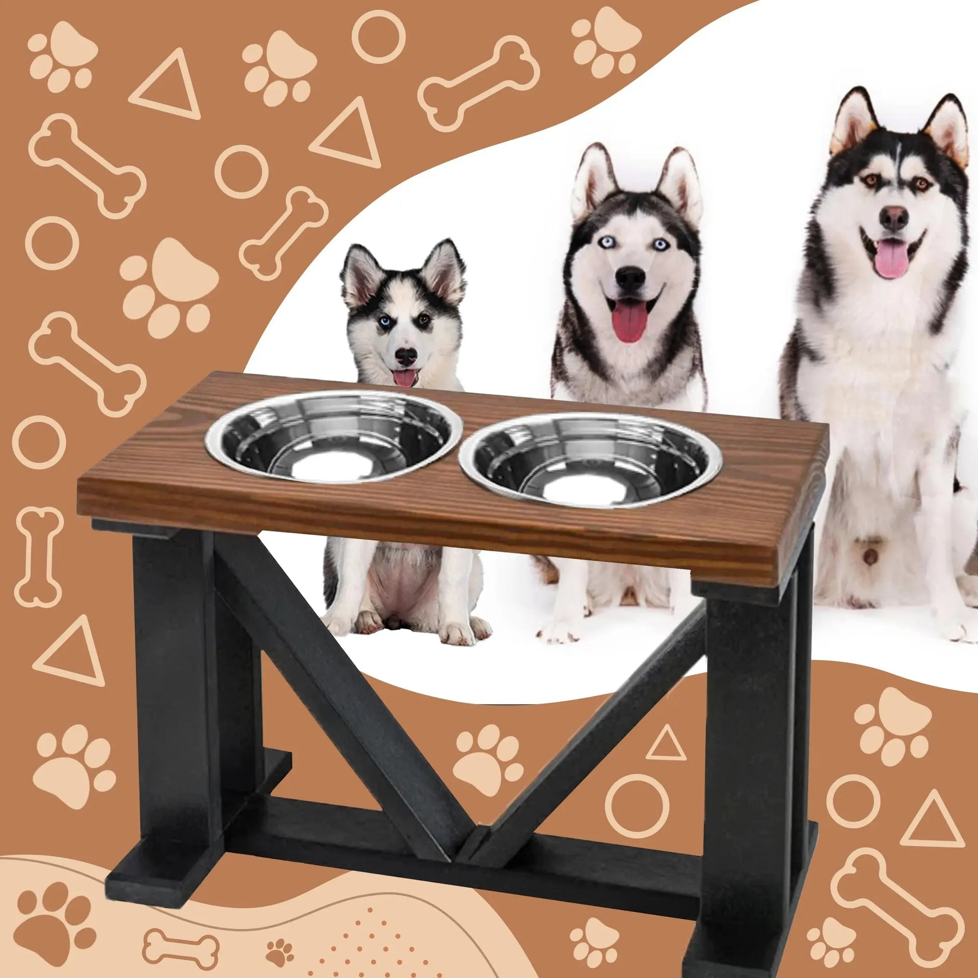 Farmhouse 2-Bowl Elevated Dog Feeder Chestnut Medium, Black Base - Your Pet Connection