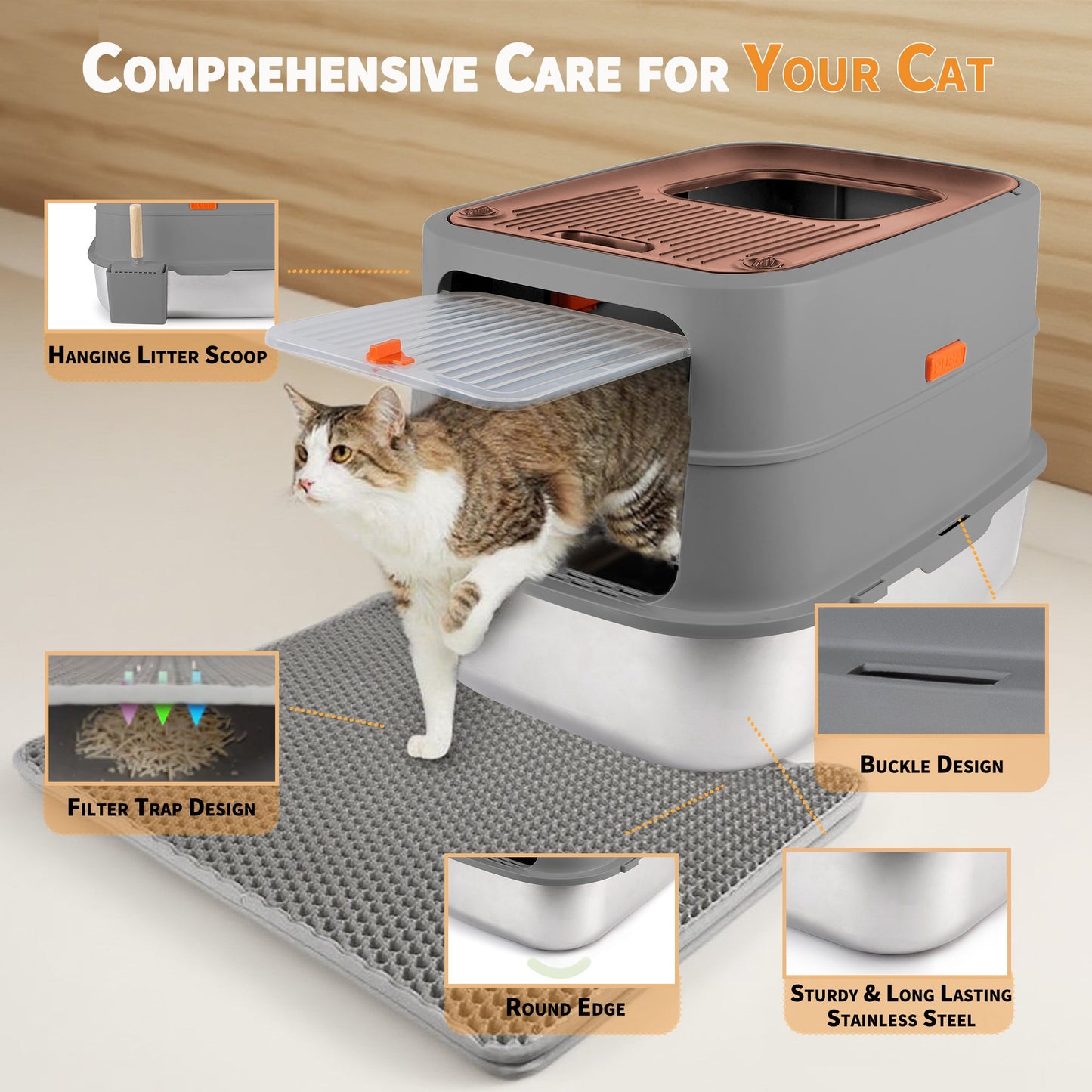 Go Fresh - Cat Litter Box - 2 Entries Hooded Cat Litter Box With Stainless Steel Base