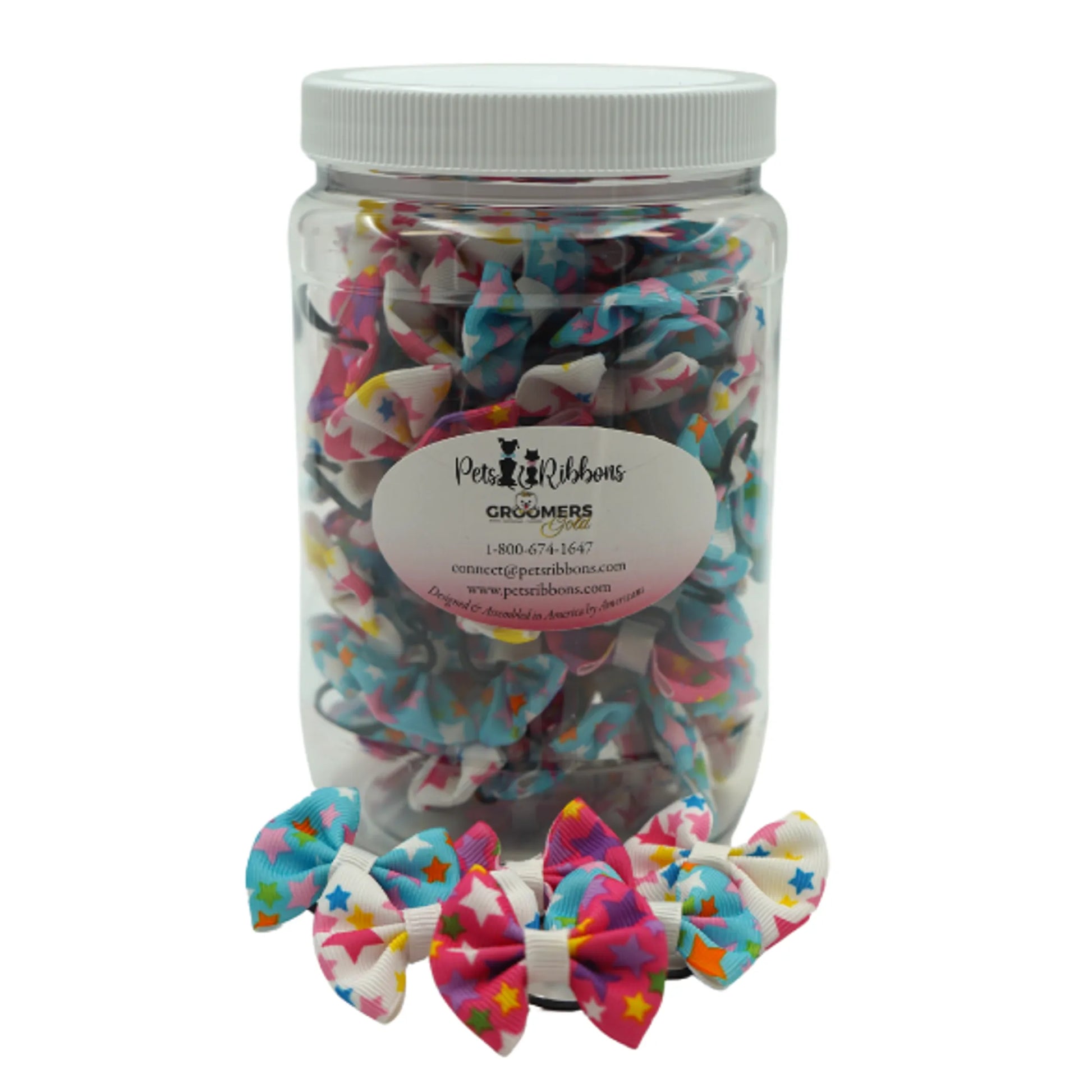 GG104 | 50-100 Groomer dog/ cat bows in a jar - Birthday Stars|Pets Ribbons - Your Pet Connection