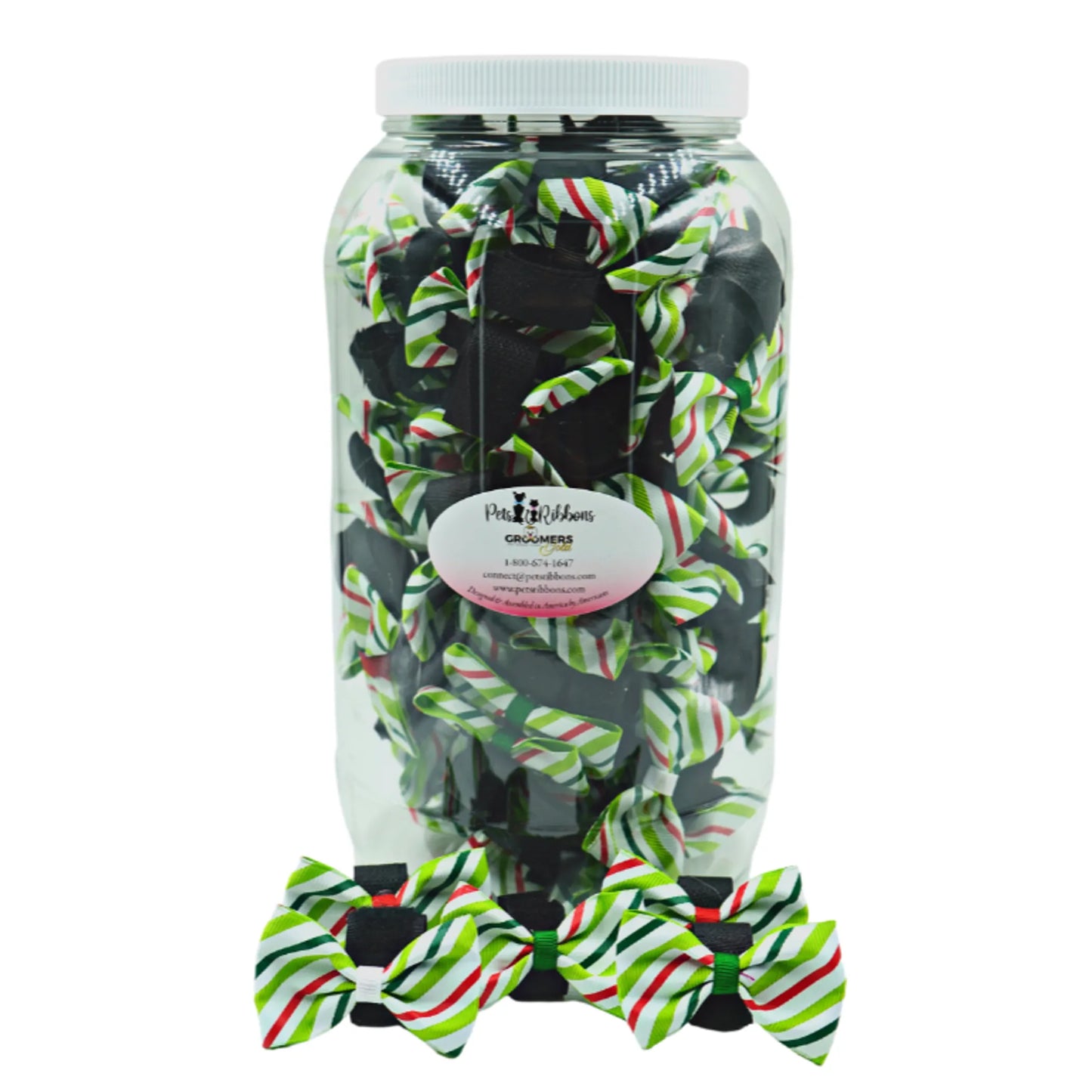 GG110CV | 100 Christmas Candy Striped Velcro Dog Bows in Jar|Pets Ribbons - Your Pet Connection