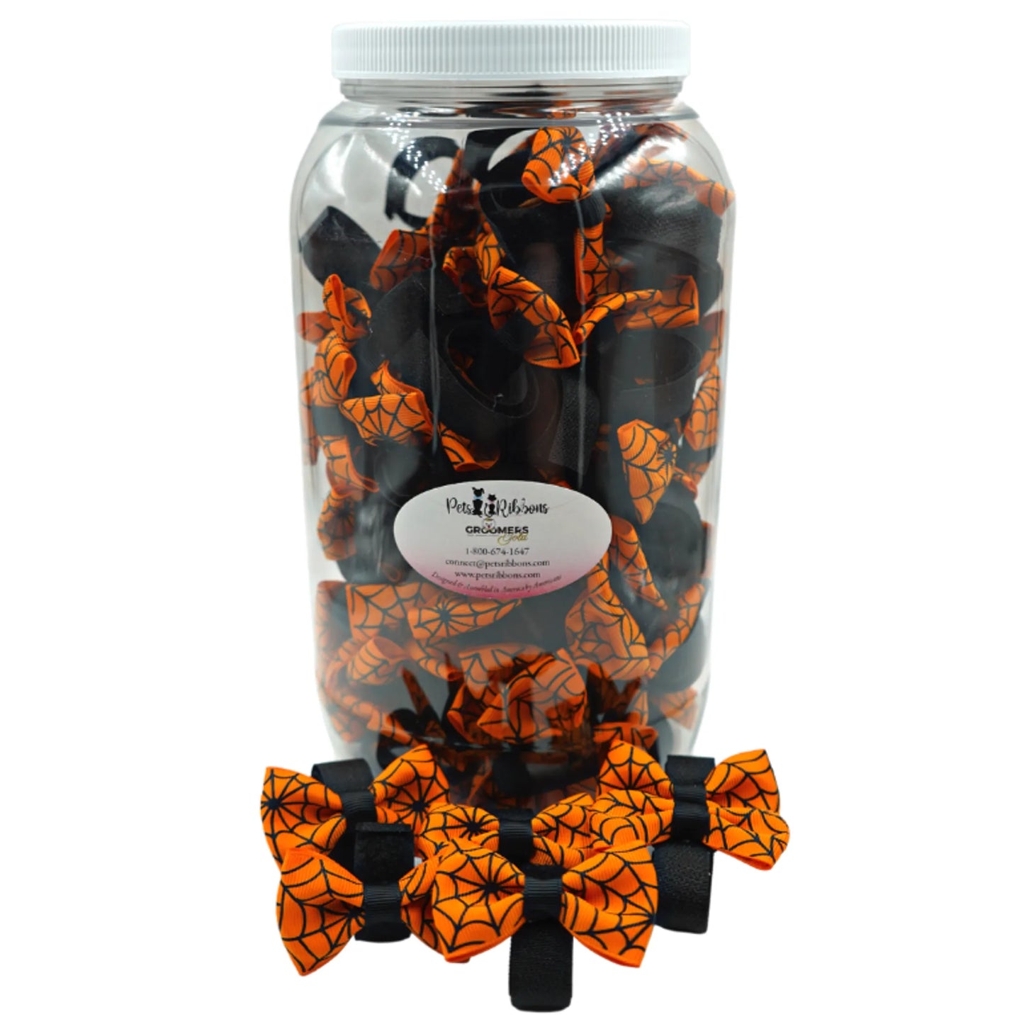 GG109SV | 50-100 Velcro Attachment Halloween Spiderweb Dog|Cat bows in Jar|Pets Ribbons - Your Pet Connection