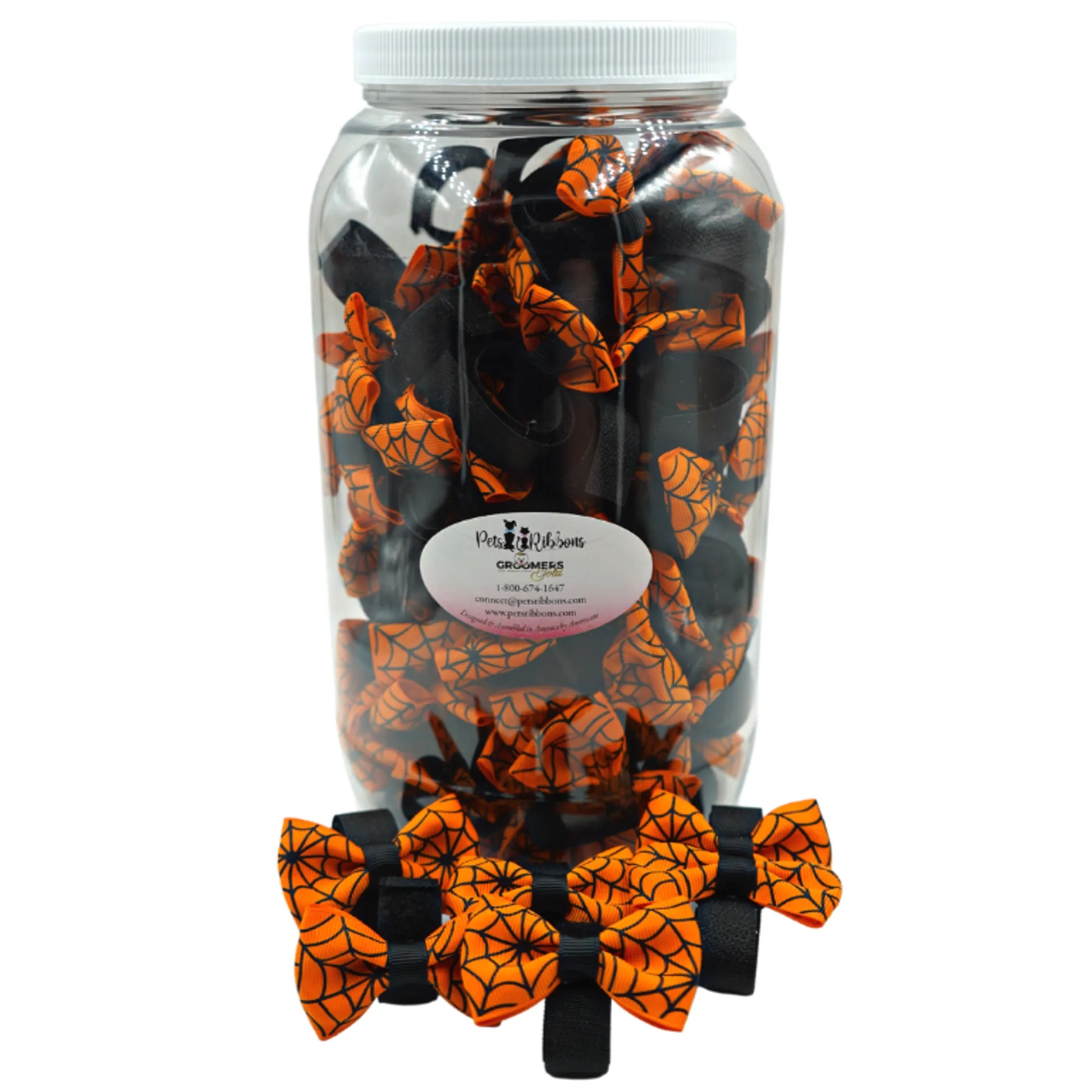 GG109SV | 50-100 Velcro Attachment Halloween Spiderweb Dog|Cat bows in Jar|Pets Ribbons - Your Pet Connection