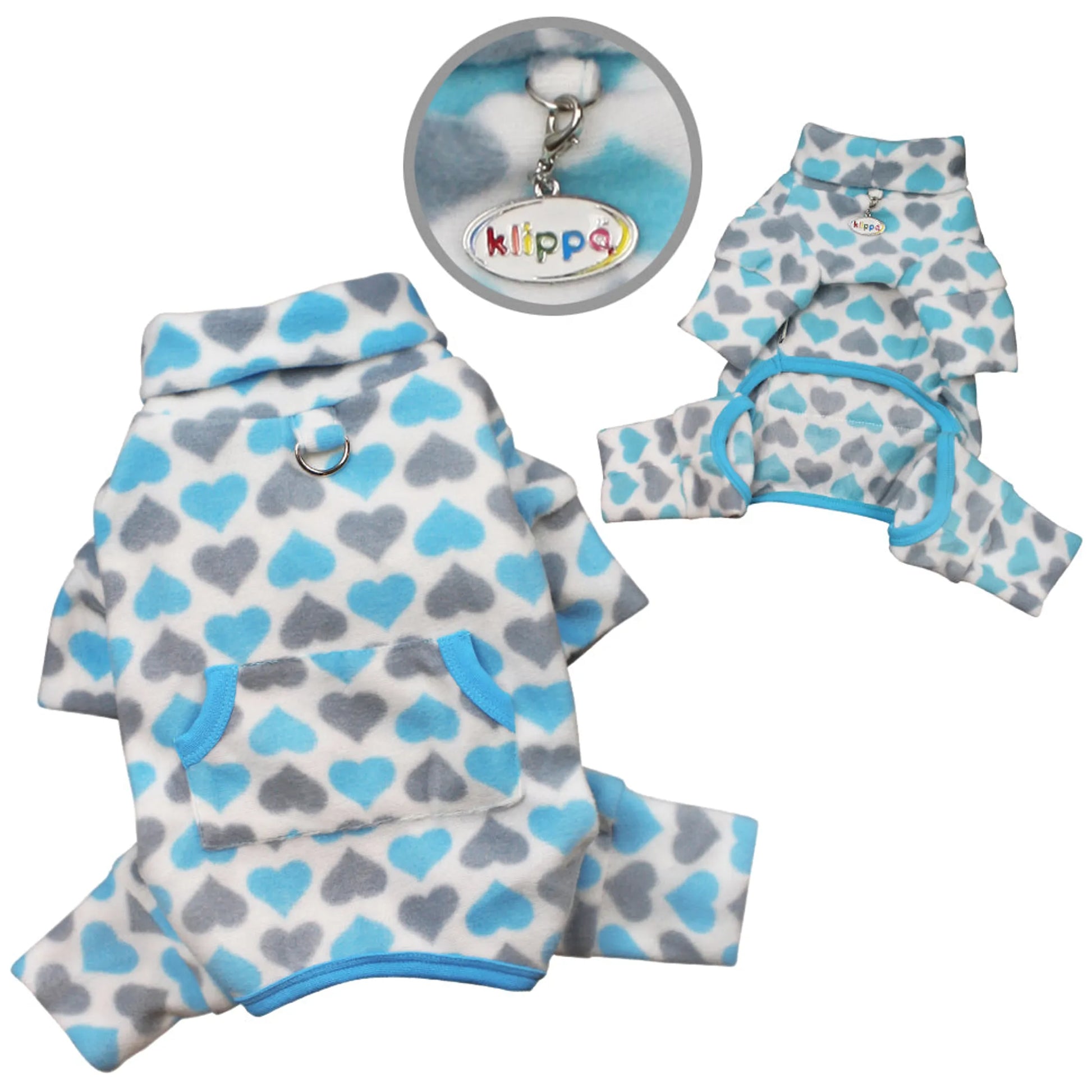 Blue & Gray Hearts Fleece Turtleneck Pajamas - Your Pet Connection
