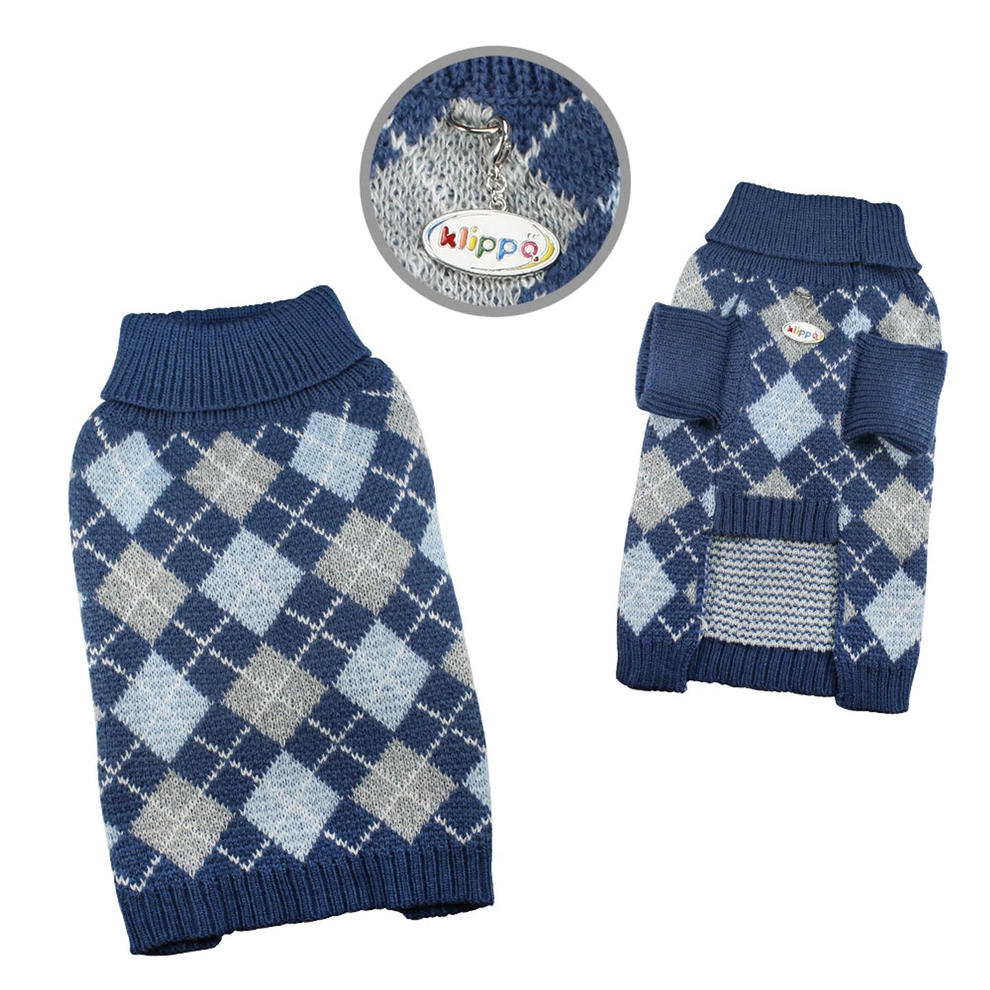 Argyle Turtleneck Sweater in Navy/Grey/Light Blue - Your Pet Connection