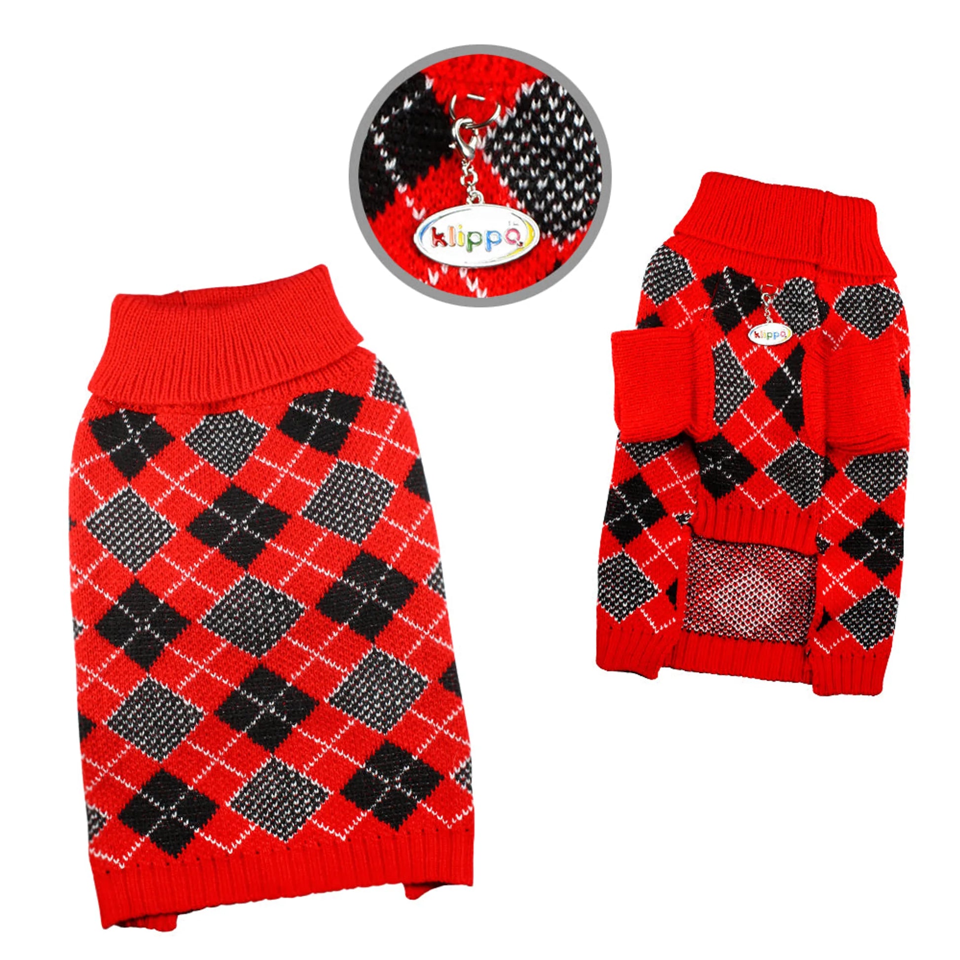 Argyle Turtleneck Sweater in Red/Black/White - Your Pet Connection