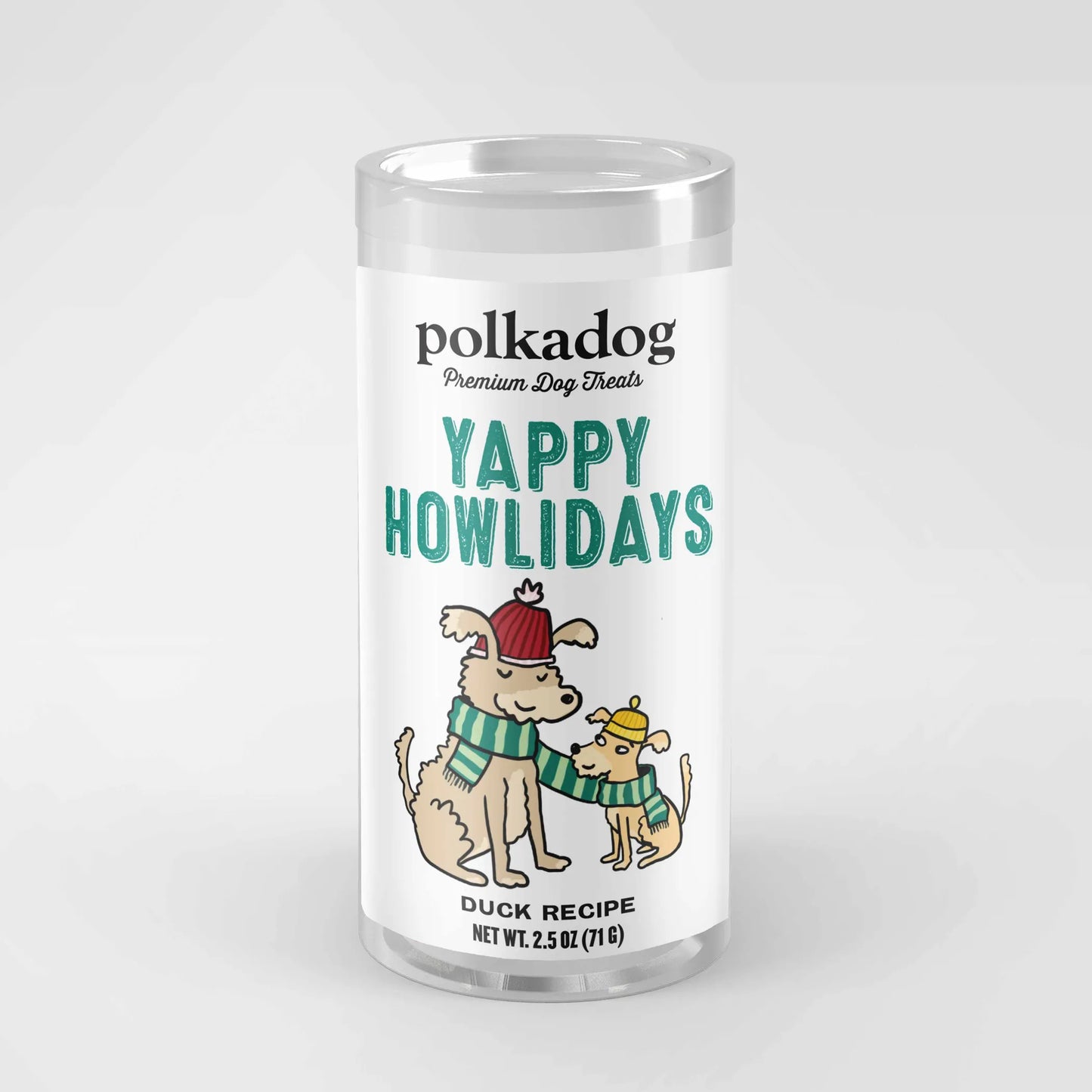 Polka Dog Holiday Mini Tube: Yappy Howlidays, Lucky Duck Bits 2oz - Your Pet Connection