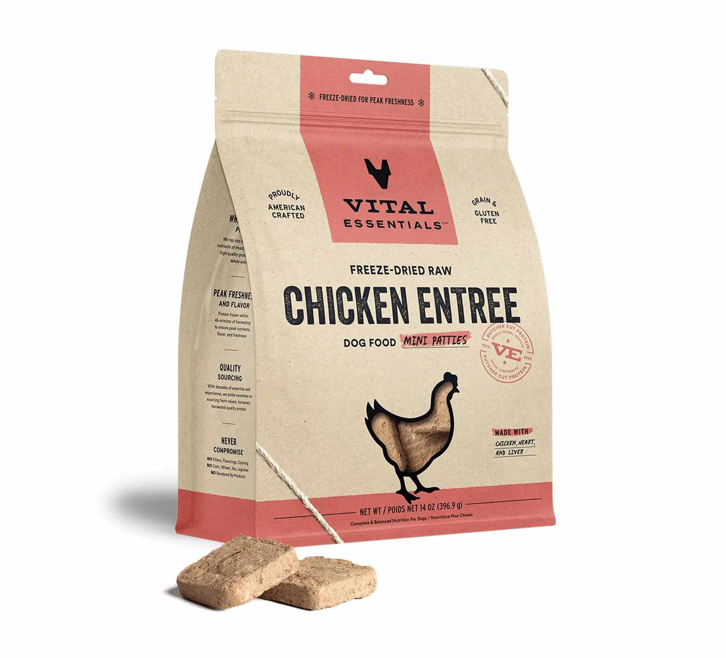Vital Essentials(R) Freeze-Dried Raw Chicken Entree Dog Food Mini Patties, 14 oz - Your Pet Connection