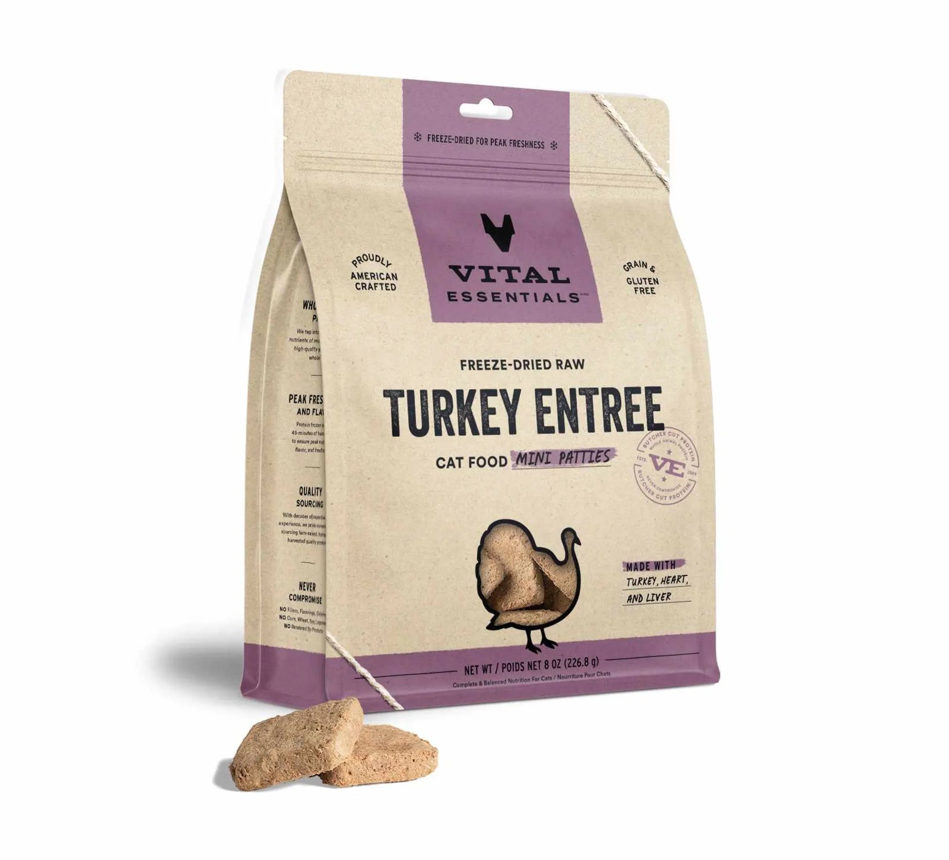 Vital Essentials(R) Freeze-Dried Raw Turkey Entree Cat Food Mini Patties, - Your Pet Connection