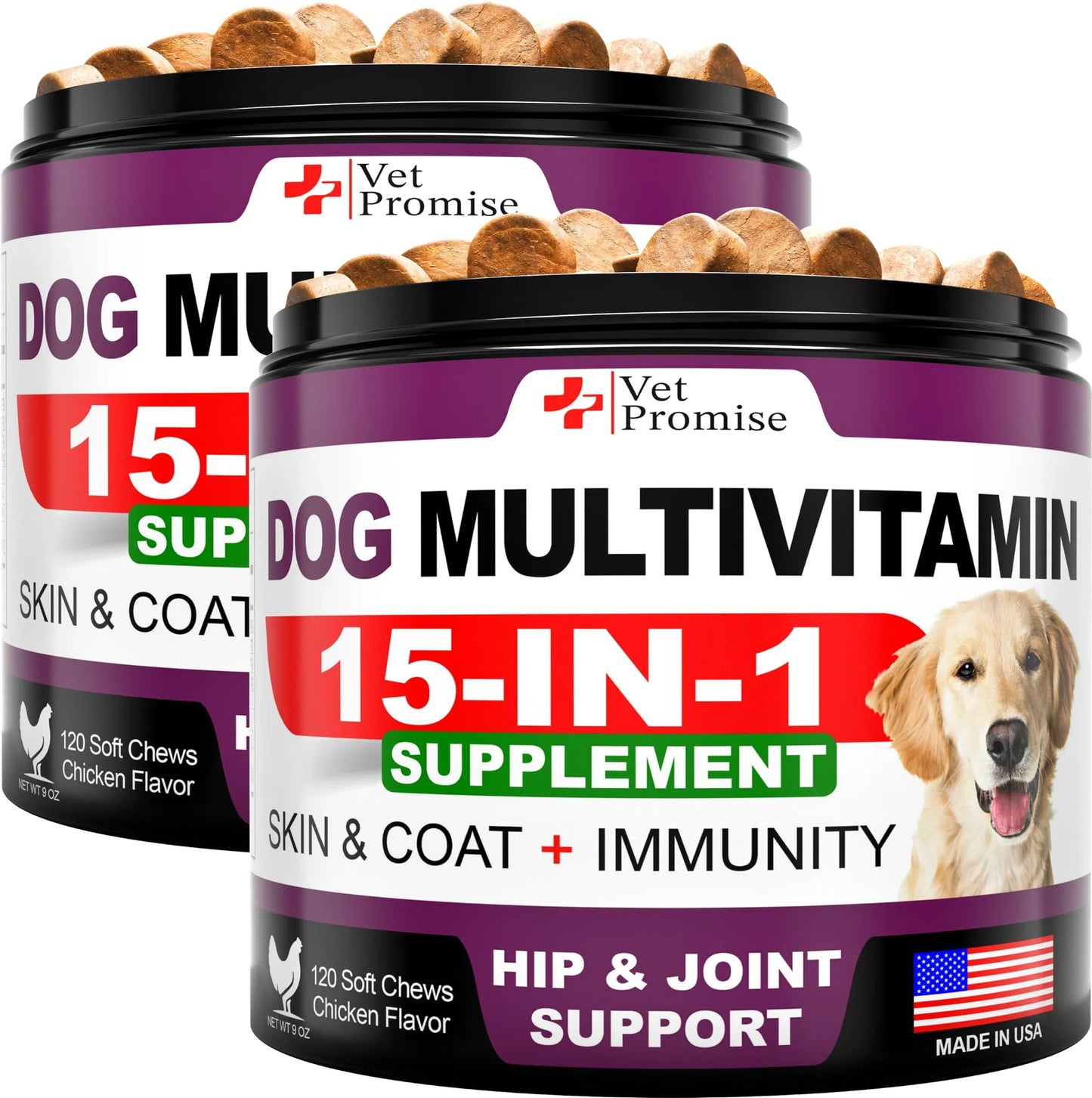 2 Pack Dog Multivitamin Chewable with Glucosamine 15-IN-1 Dog Vitamins and Supplements Senior & Puppy Multivitamin for Dogs Pet Joint Support Health I