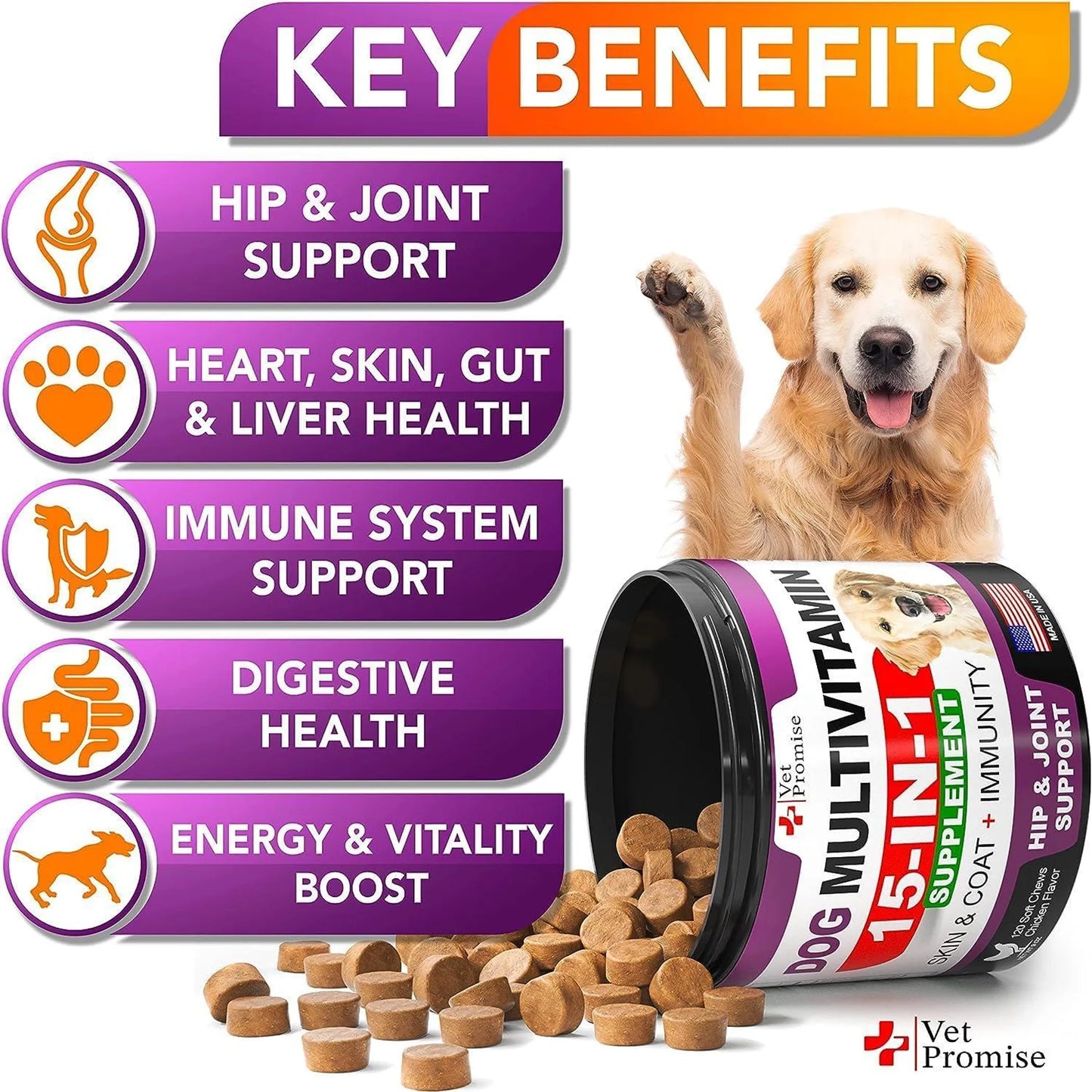 2 Pack Dog Multivitamin Chewable with Glucosamine 15-IN-1 Dog Vitamins and Supplements Senior & Puppy Multivitamin for Dogs Pet Joint Support Health I