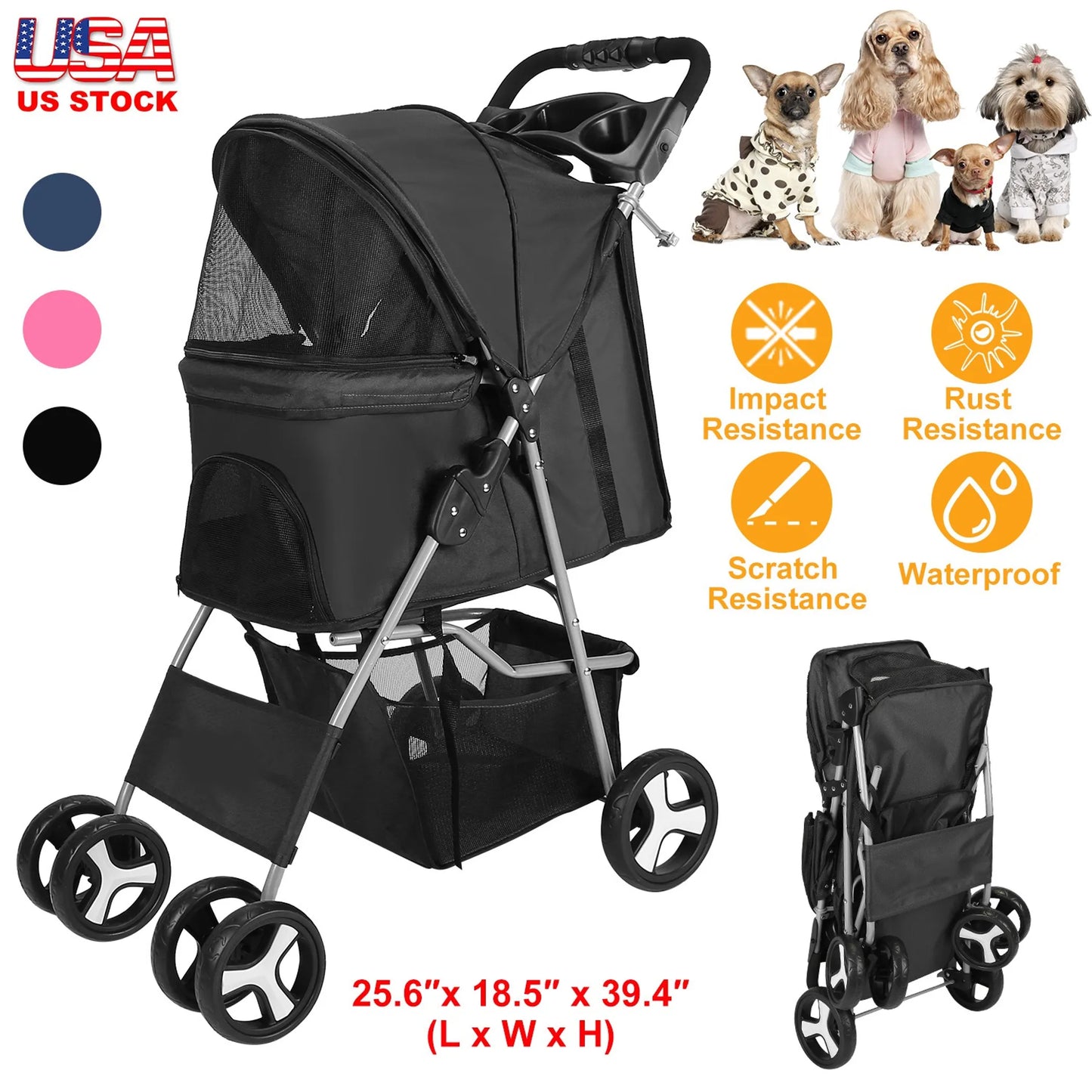 4 Wheels Pet Stroller Foldable Carrier Strolling Cart Travel Jogger Pet
